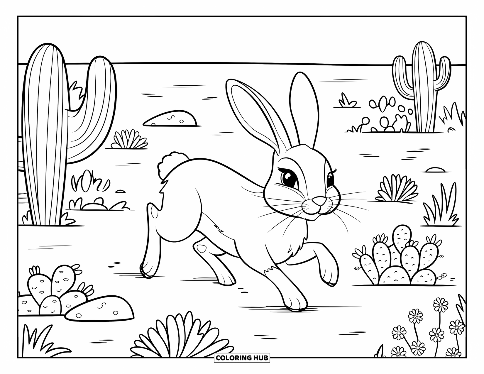 Letter J Coloring Page for Kids: Jackrabbit leaping across a desert trail filled with cacti, flowers, and scattered rocks