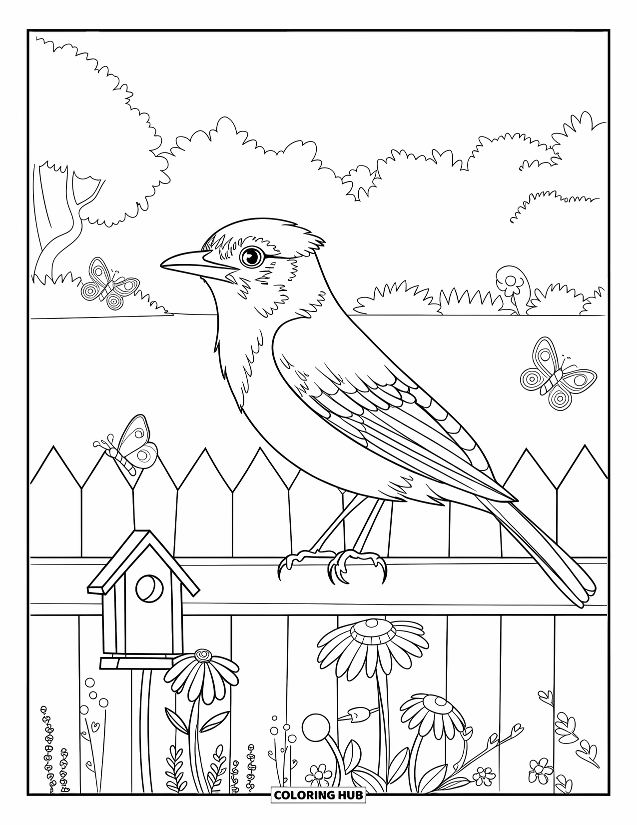 Letter J Coloring Page for Kids: Jaybird resting on a fence near garden flowers, a birdhouse, and fluttering butterflies