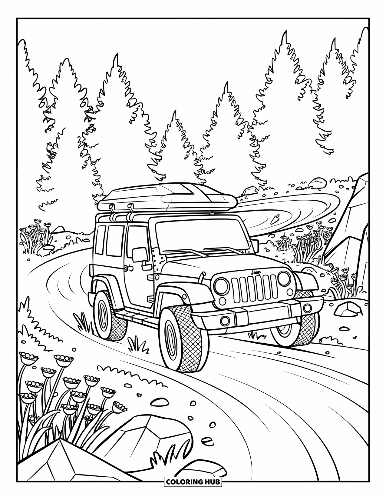 Letter J Coloring Page for Kids: Jeep with a roof rack on a rocky forest trail lined with wildflowers and trees