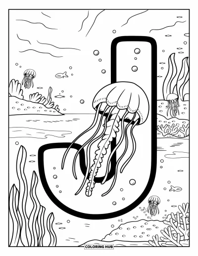 Çocuklar için J Harfi Boyama Sayfası: Su altında büyük J harfinin yanında yüzen denizanası ve yosunlar