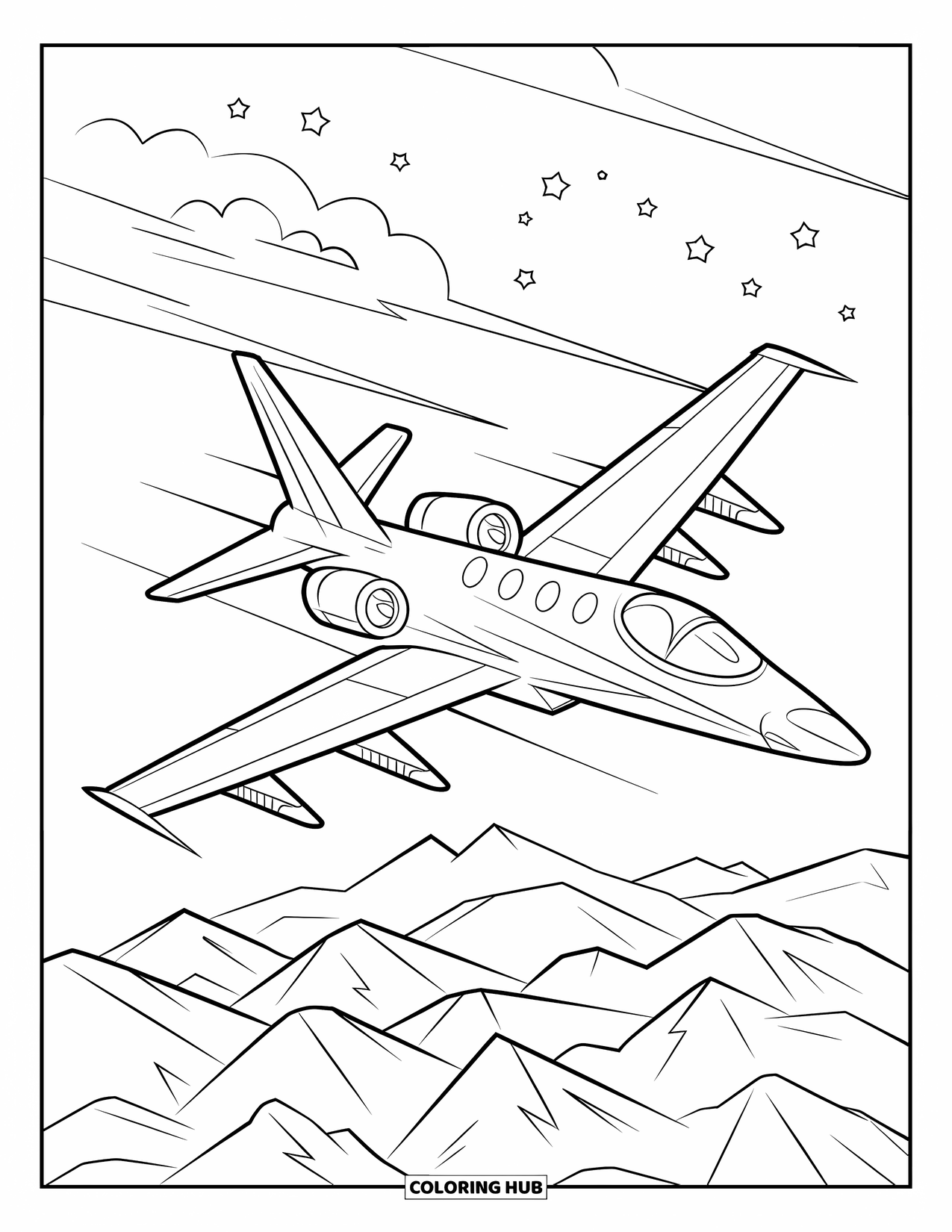 Letter J Coloring Page for Kids: Jet flying high through a cloudy sky with stars and distant mountain peaks