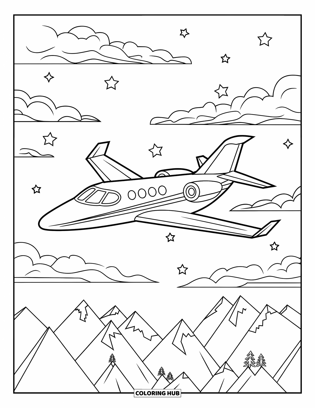 Letter J Coloring Page for Kids: Jet gliding through starry skies above cloud tops and tree-covered mountains