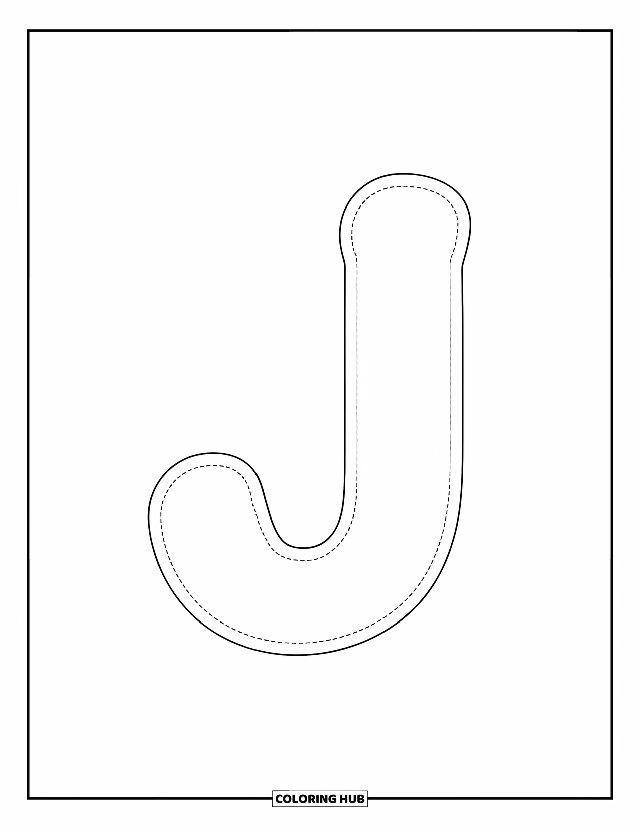Letter J Coloring Page for Kids: Large uppercase J with dotted lines for tracing practice