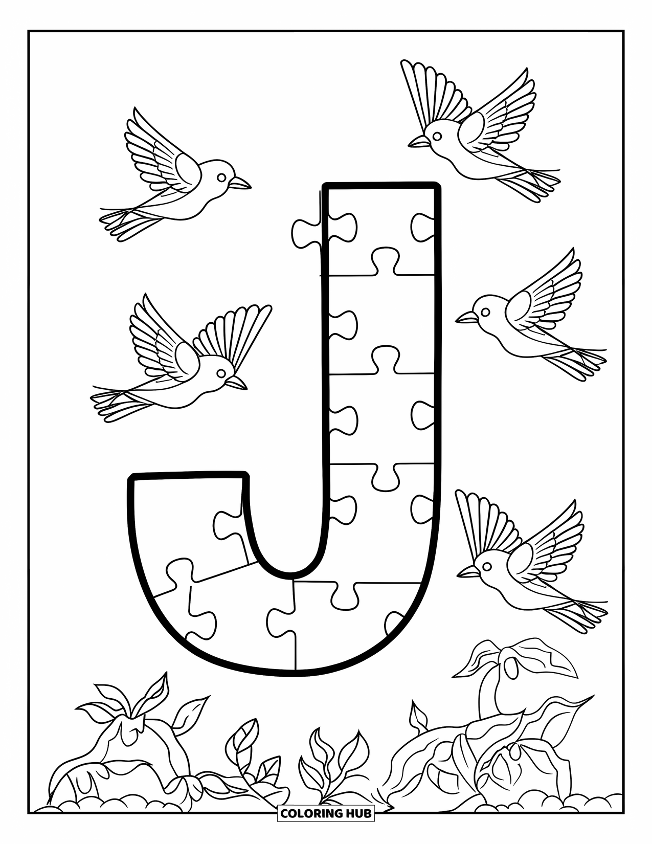 Letter J Coloring Page for Kids: Letter J built from puzzle pieces with happy jaybirds flying nearby