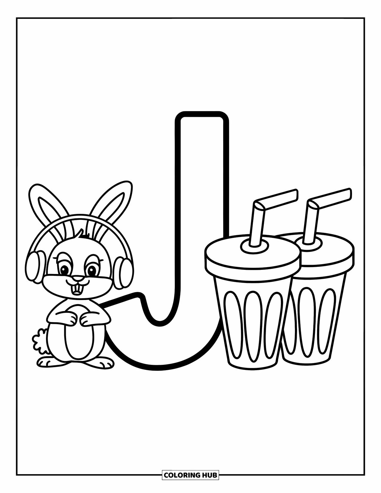 Letter J Coloring Page for Kids: Letter J with a cool jackrabbit and fun juice cups on each side