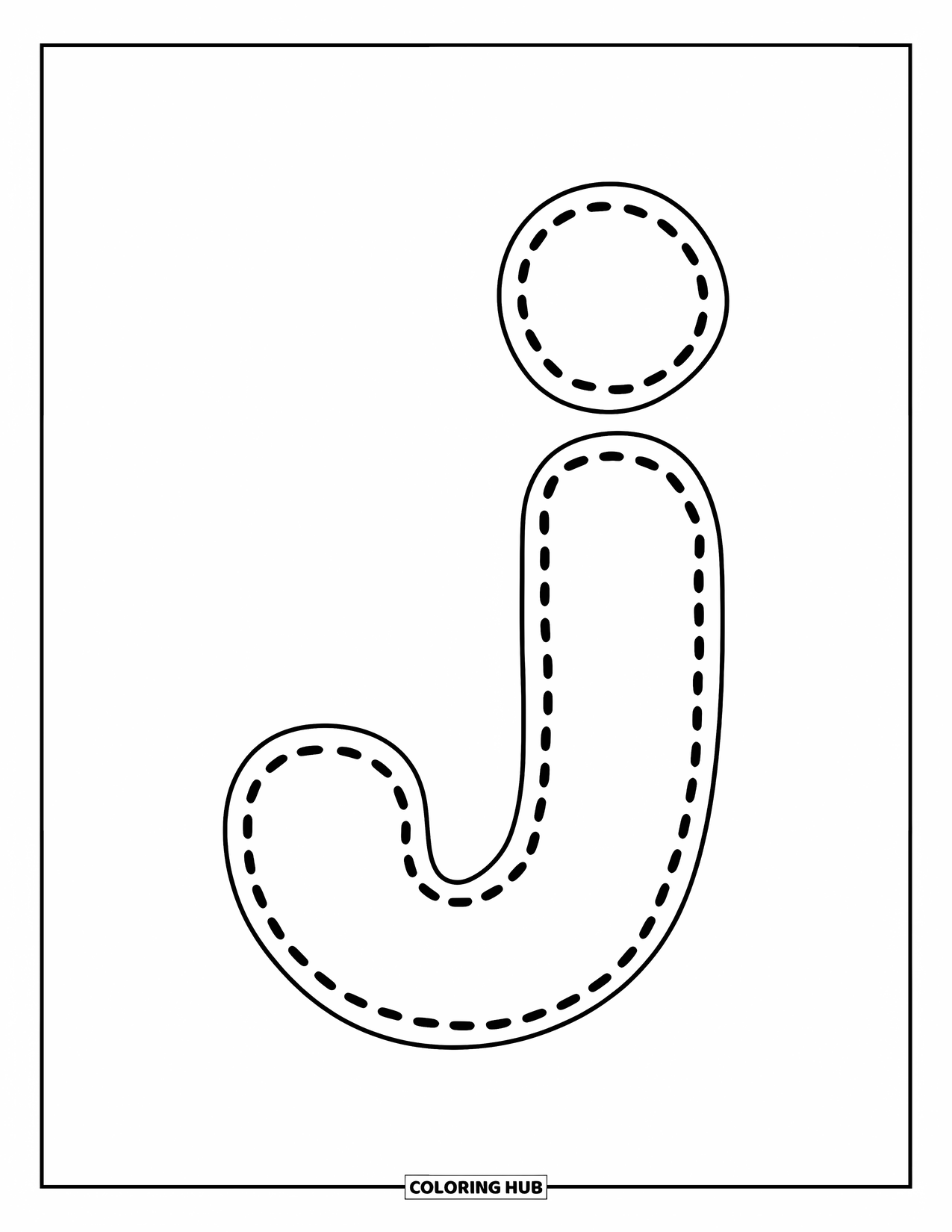 Letter J Coloring Page for Kids: Lowercase j with dotted lines for easy preschool writing