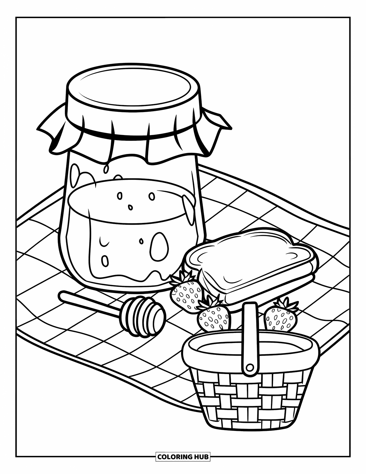 Letter J Coloring Page for Kids: Open jam jar with toast, berries, honey dipper, and a checked picnic basket