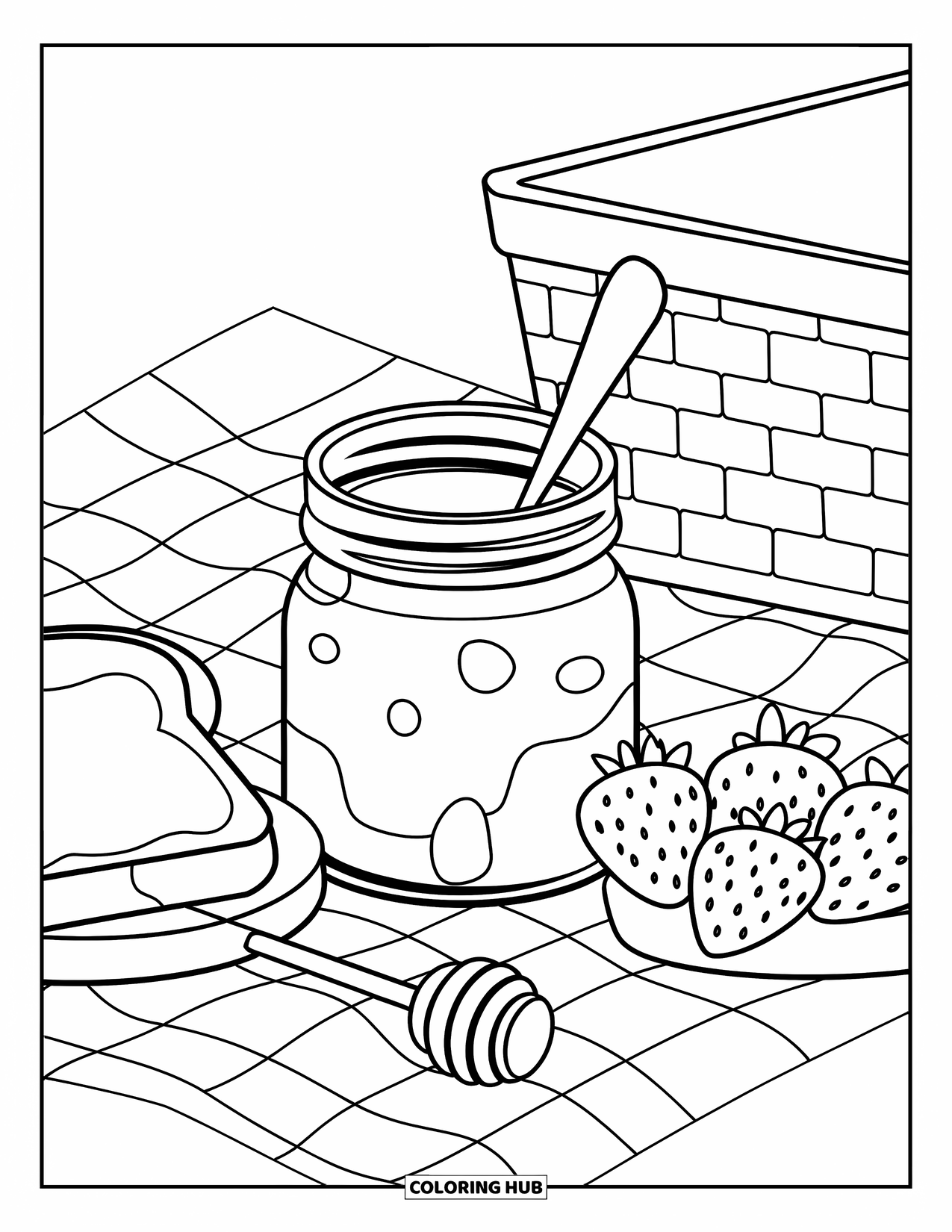 Letter J Coloring Page for Kids: Picnic scene with jam jar, toast, strawberries, honey dipper, and a basket