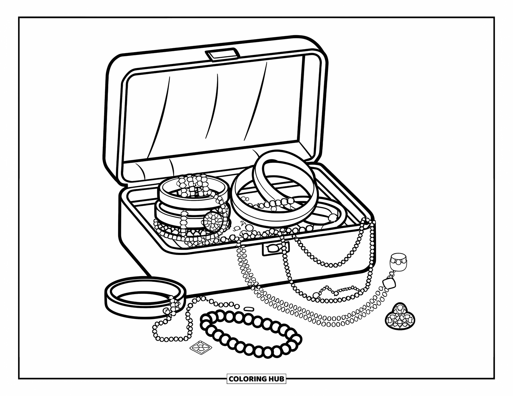 Letter J Coloring Page for Kids: Rings, bracelets, and necklaces spilling from an open jewelry box