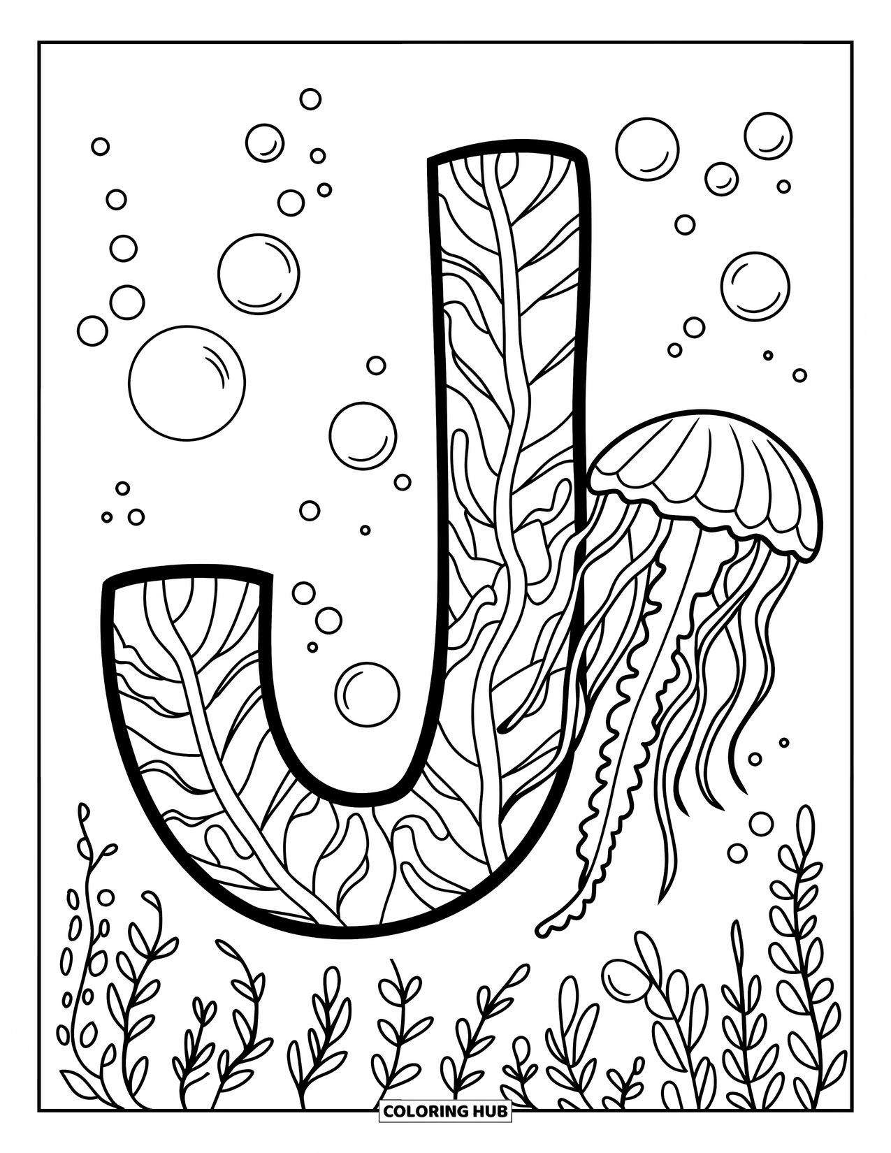 Letter J Coloring Page for Kids: Seaweed J with jellyfish, bubbles, and a peaceful ocean vibe