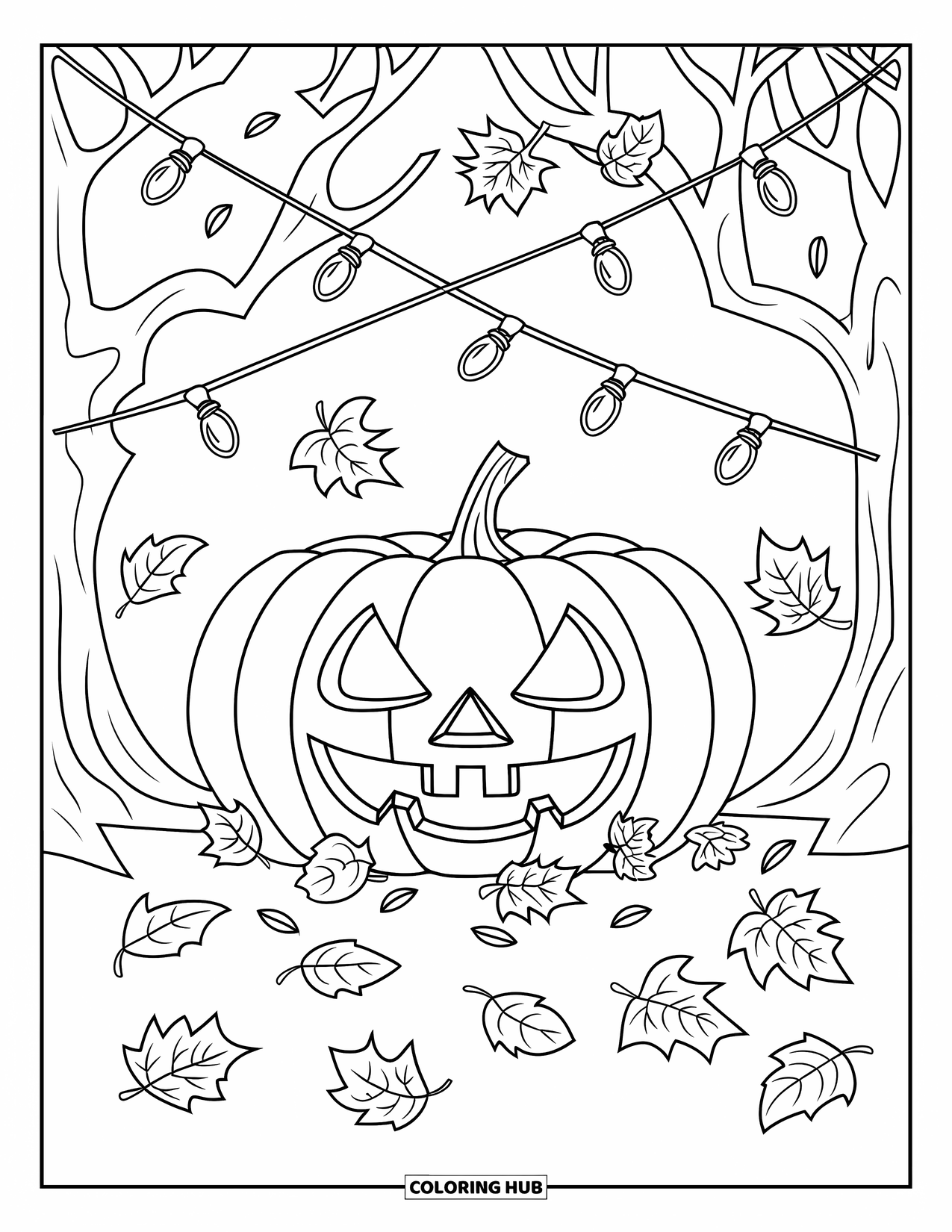 Letter J Coloring Page for Kids: Spooky jack-o'-lantern glowing with leaves and lights hanging from tree branches