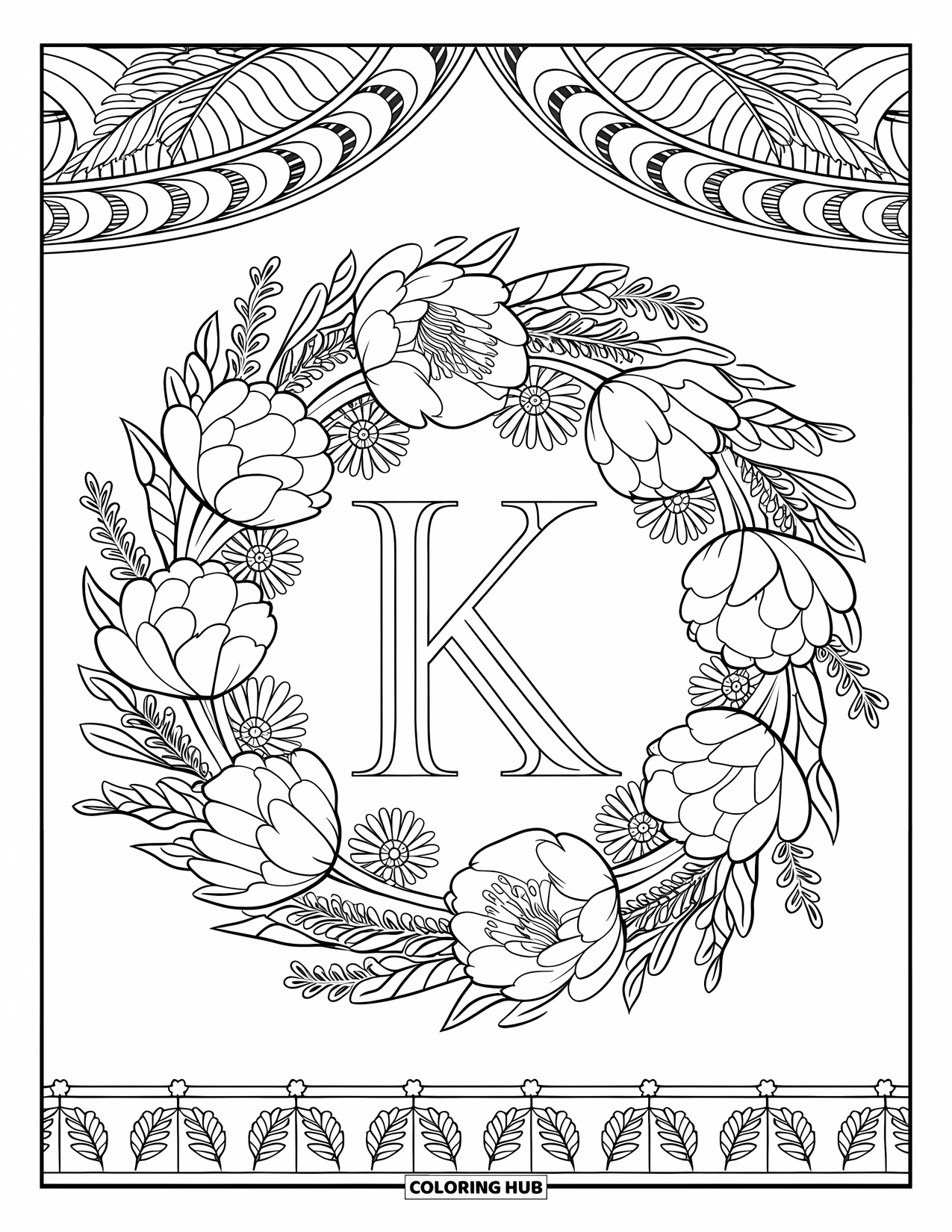 Letter K Coloring Page for Adults: A floral wreath wraps around K with detailed vines and leaves