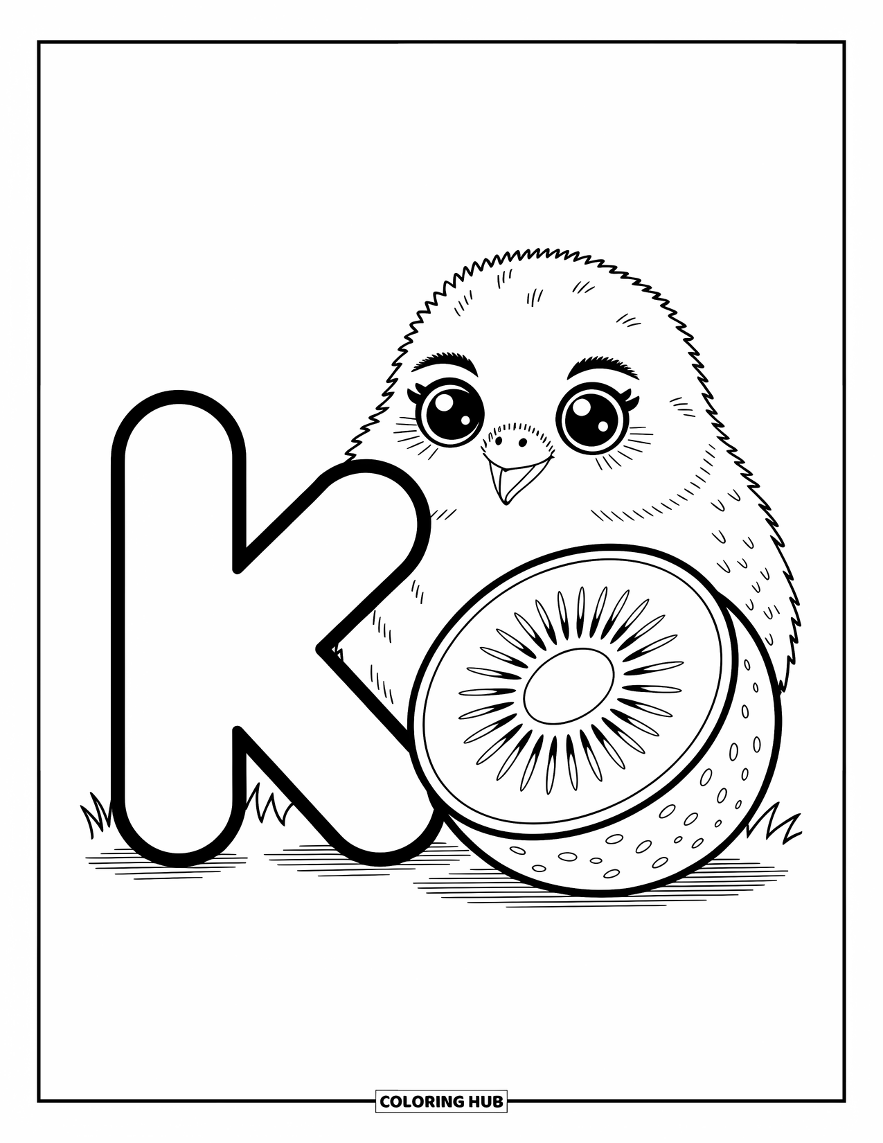 Letter K Coloring Page for Adults: A kiwi bird curiously peeks at sliced kiwi next to the letter K