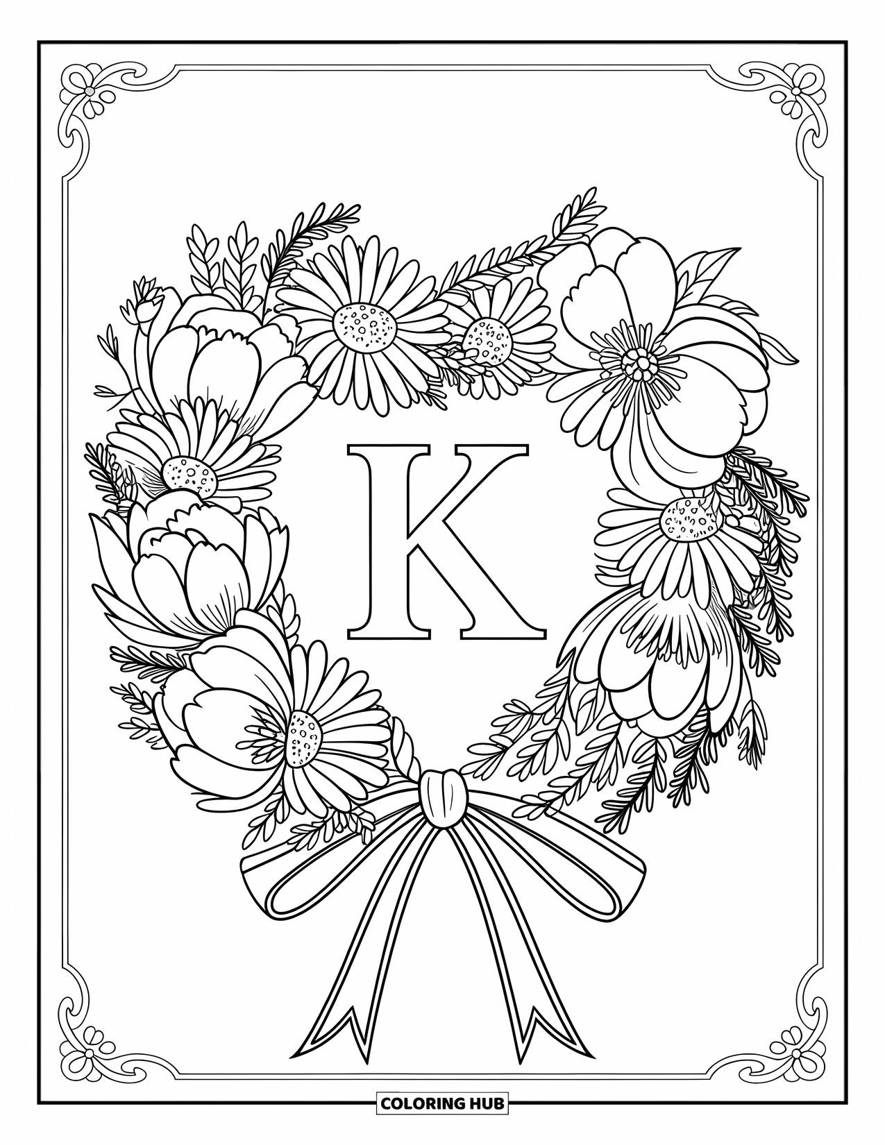 Letter K Coloring Page for Adults: A soft floral wreath surrounds the letter K with peonies and ribbon