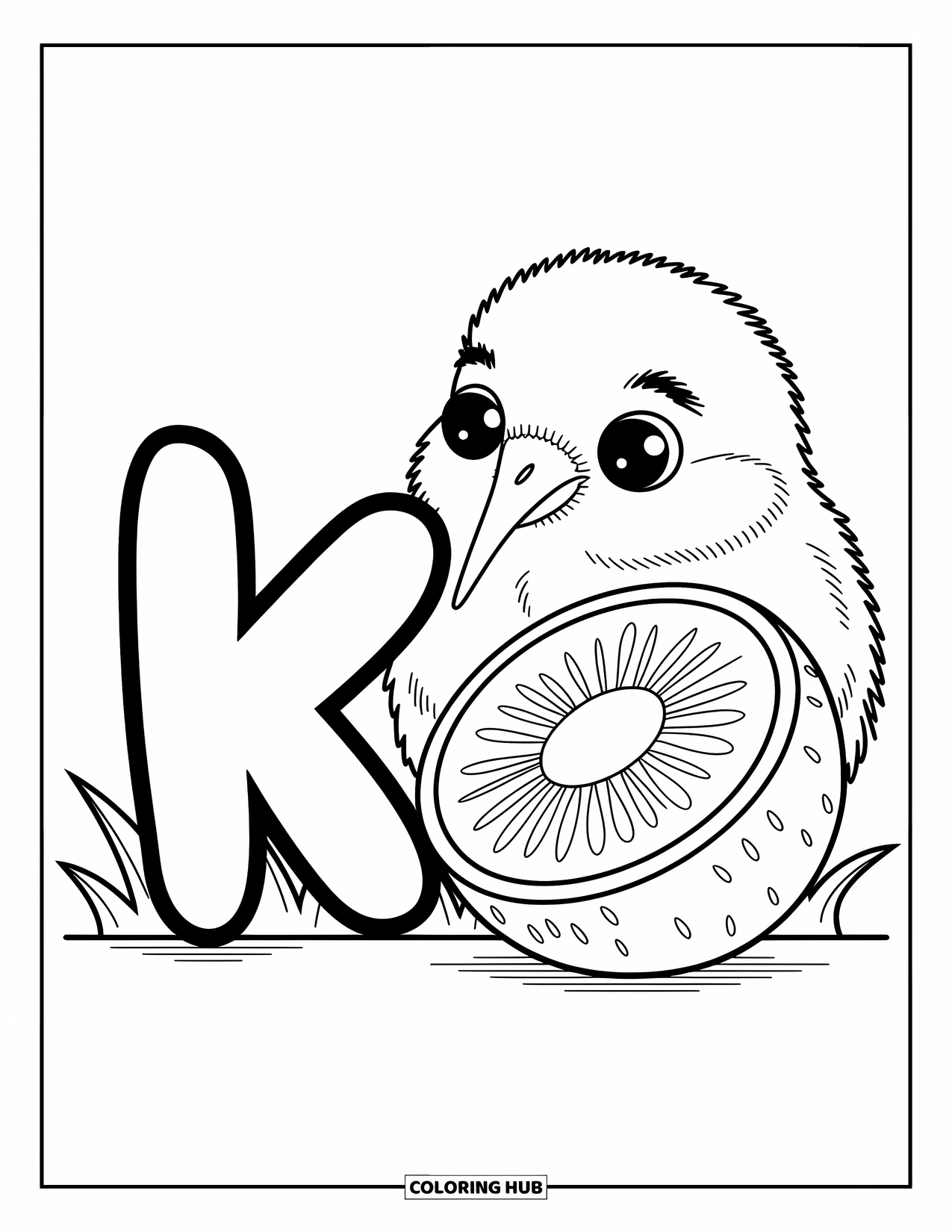 Letter K Coloring Page for Adults: Cute kiwi bird explores a sliced fruit next to the letter K