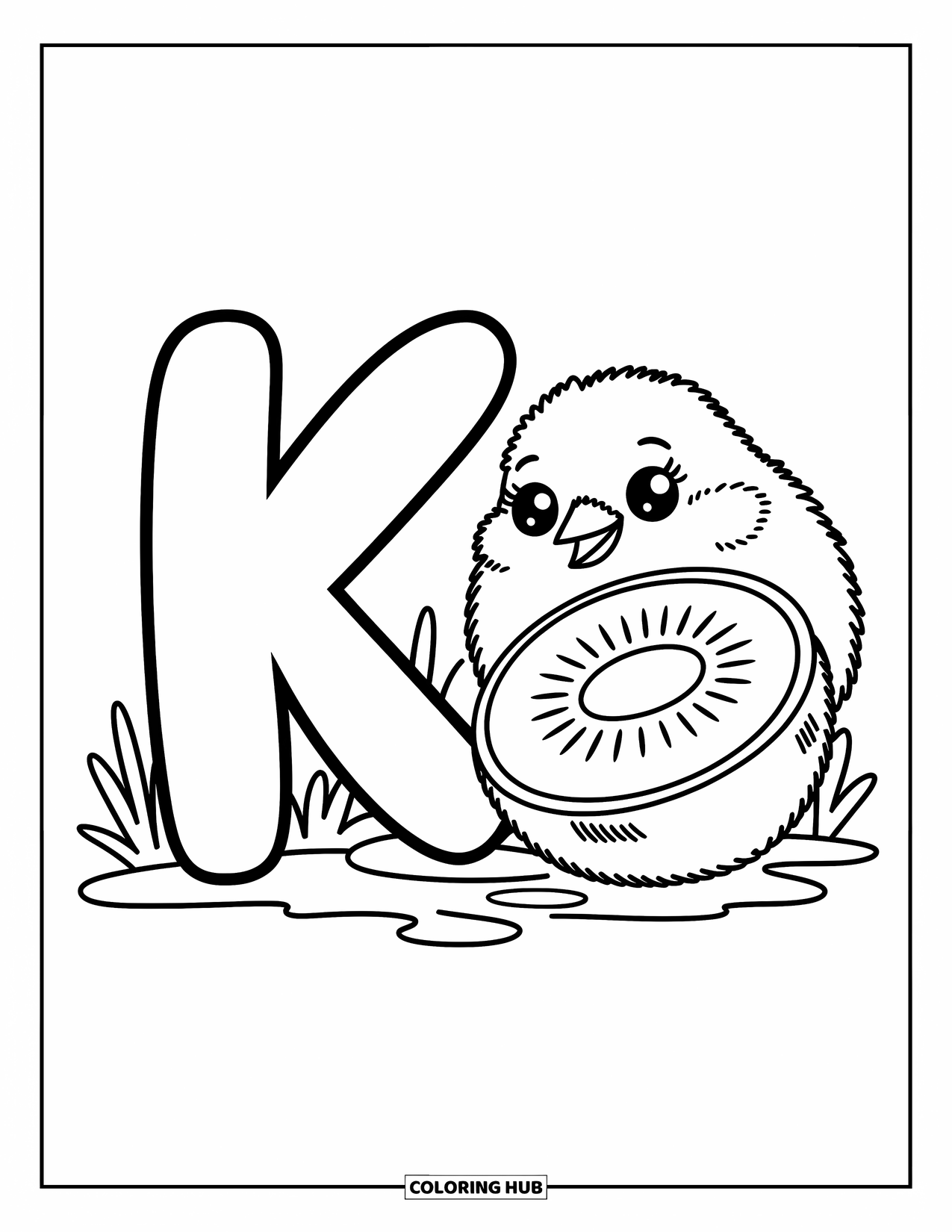 Letter K Coloring Page for Adults: K, a kiwi bird, and a kiwi fruit share a soft grassy scene