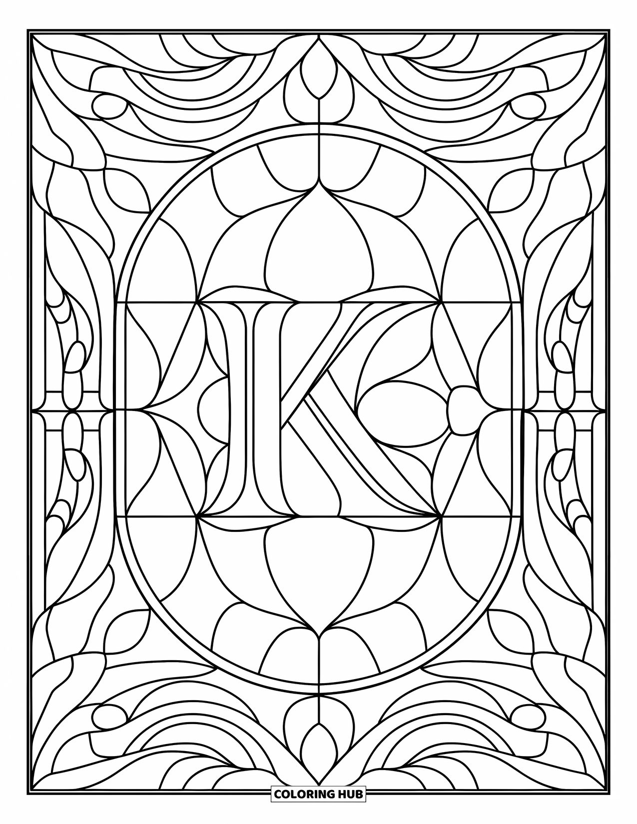 Letter K Coloring Page for Adults: K is centered in a stained glass window of swirling leaves