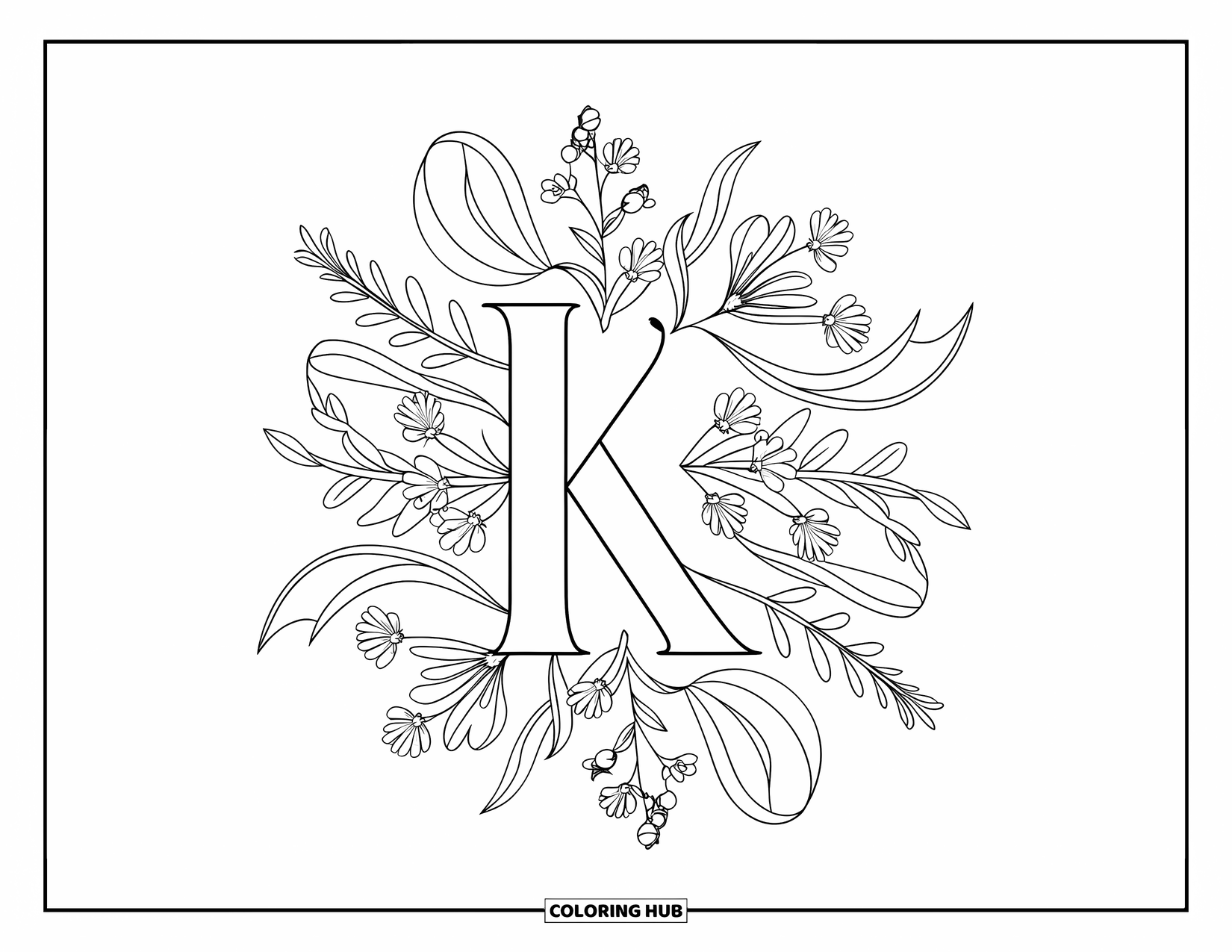 Letter K Coloring Page for Adults: K is framed by wildflowers, ribbons, and berries in a cozy floral scene