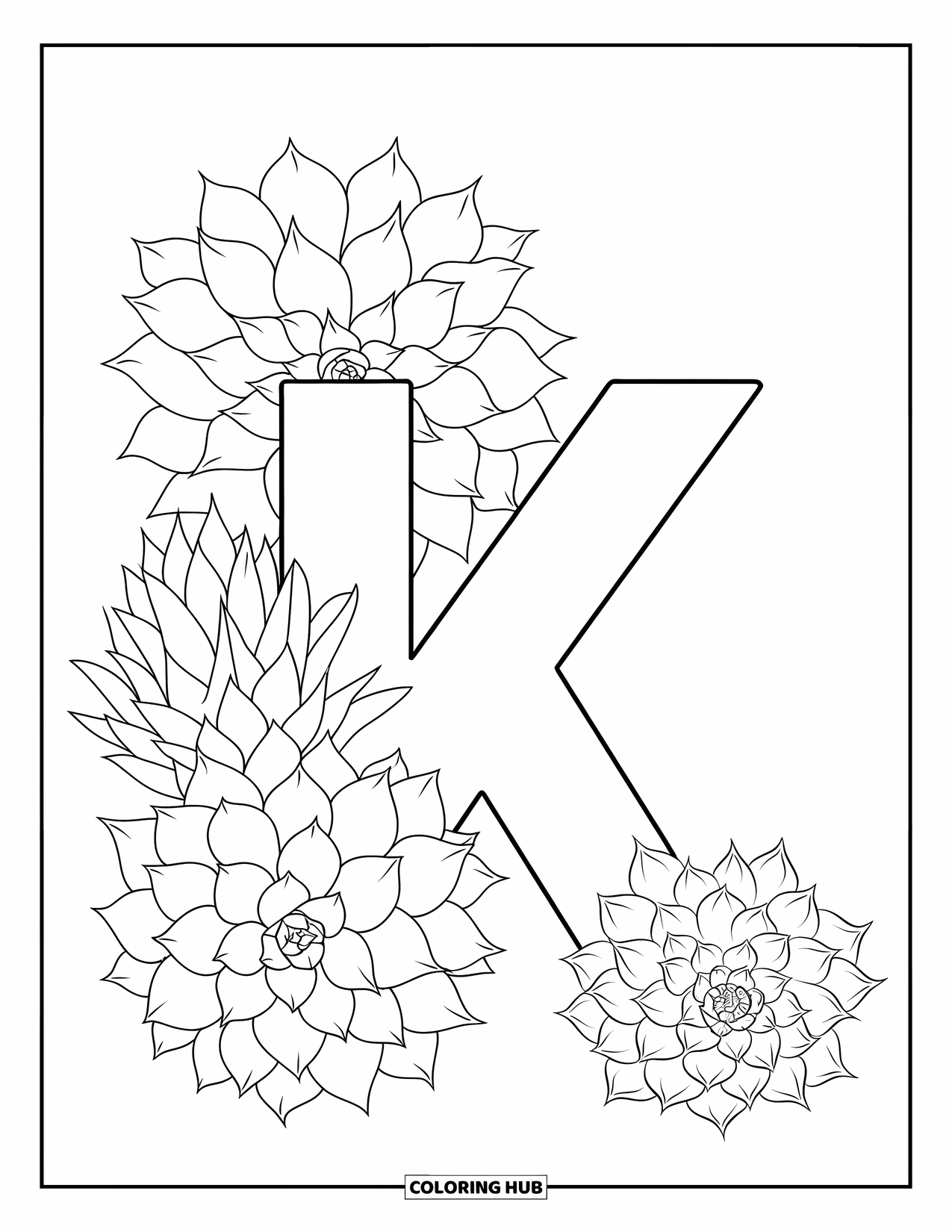 Letter K Coloring Page for Adults: K is surrounded by detailed succulent petals and bold outlines