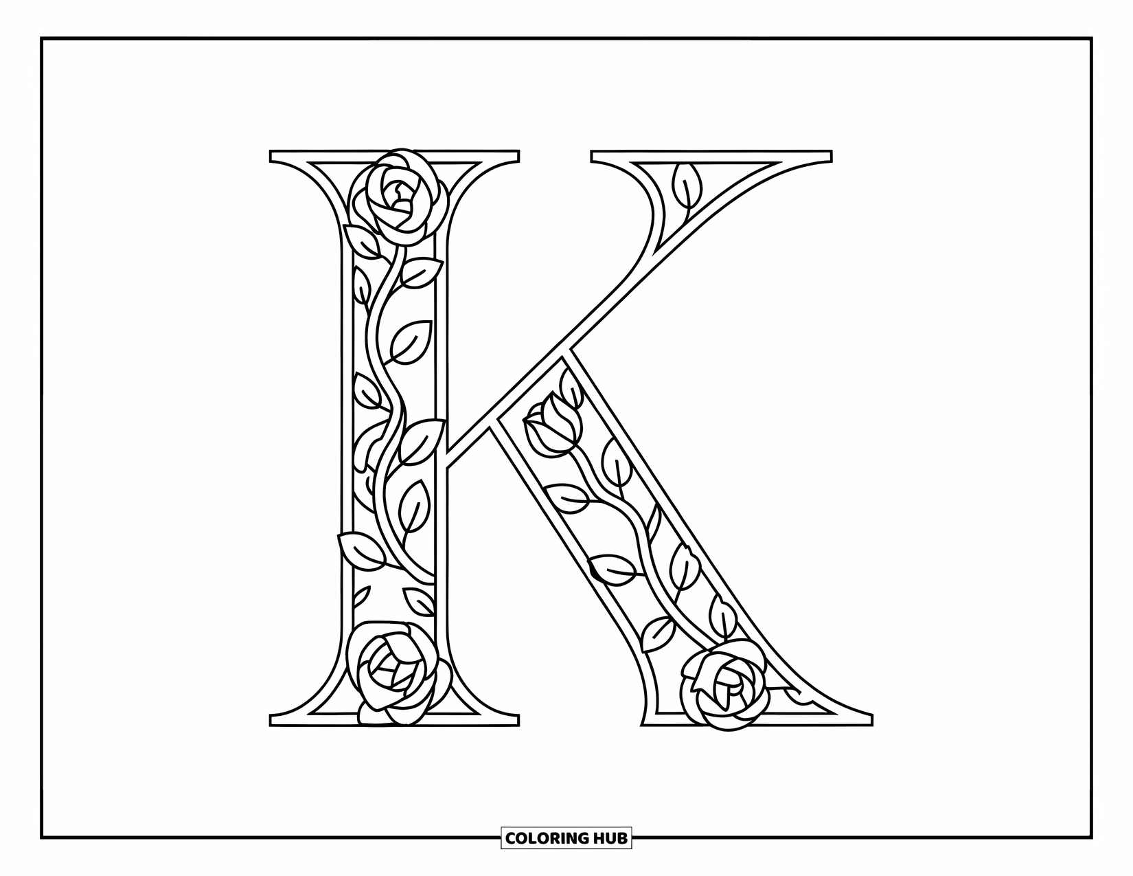 Letter K Coloring Page for Adults: K is wrapped in a detailed rose and ivy border