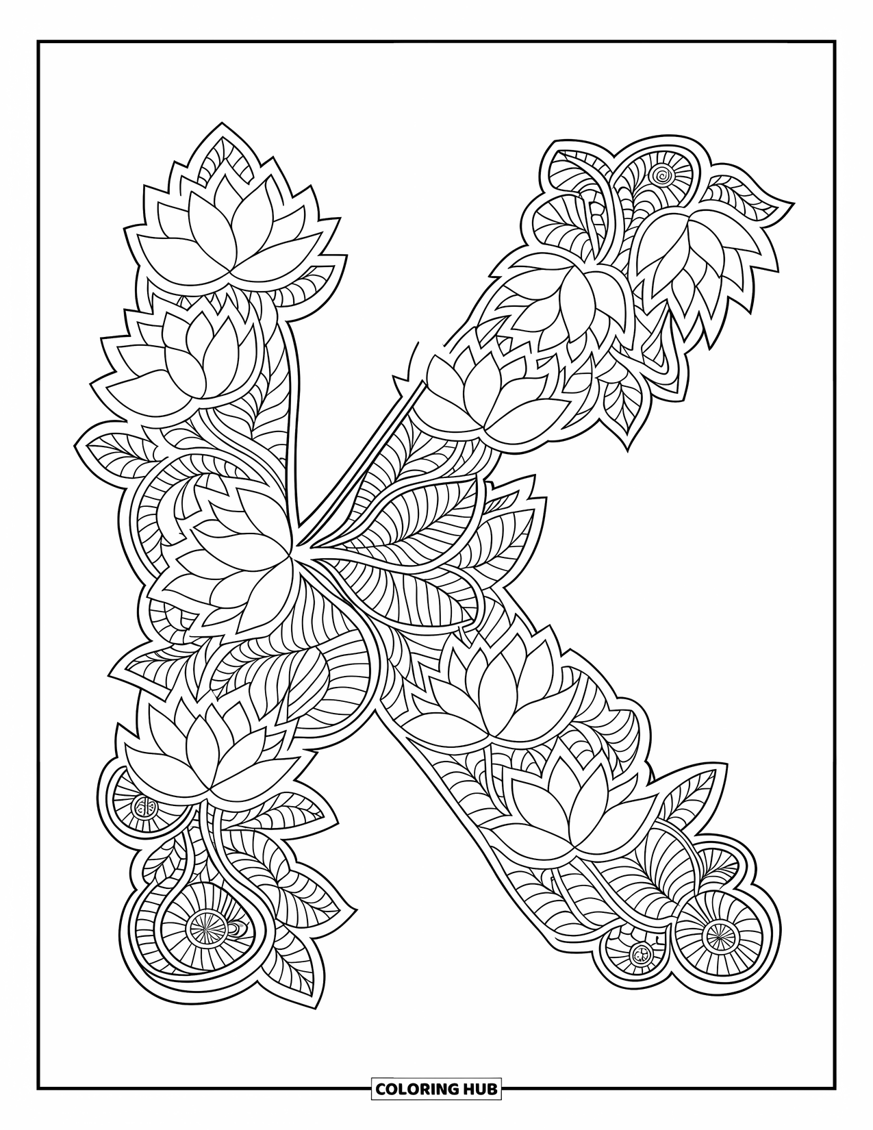Letter K Coloring Page for Adults: K is wrapped in a lotus mandala filled with winding vines