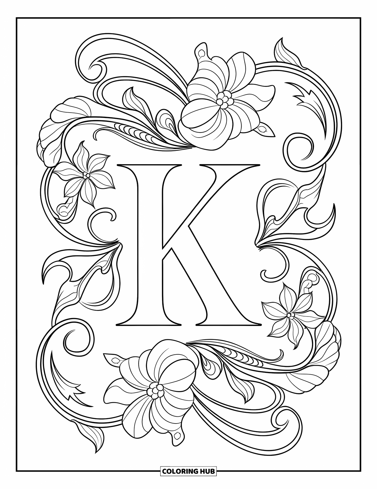 Letter K Coloring Page for Adults: K is wrapped in swirling vines and floral patterns