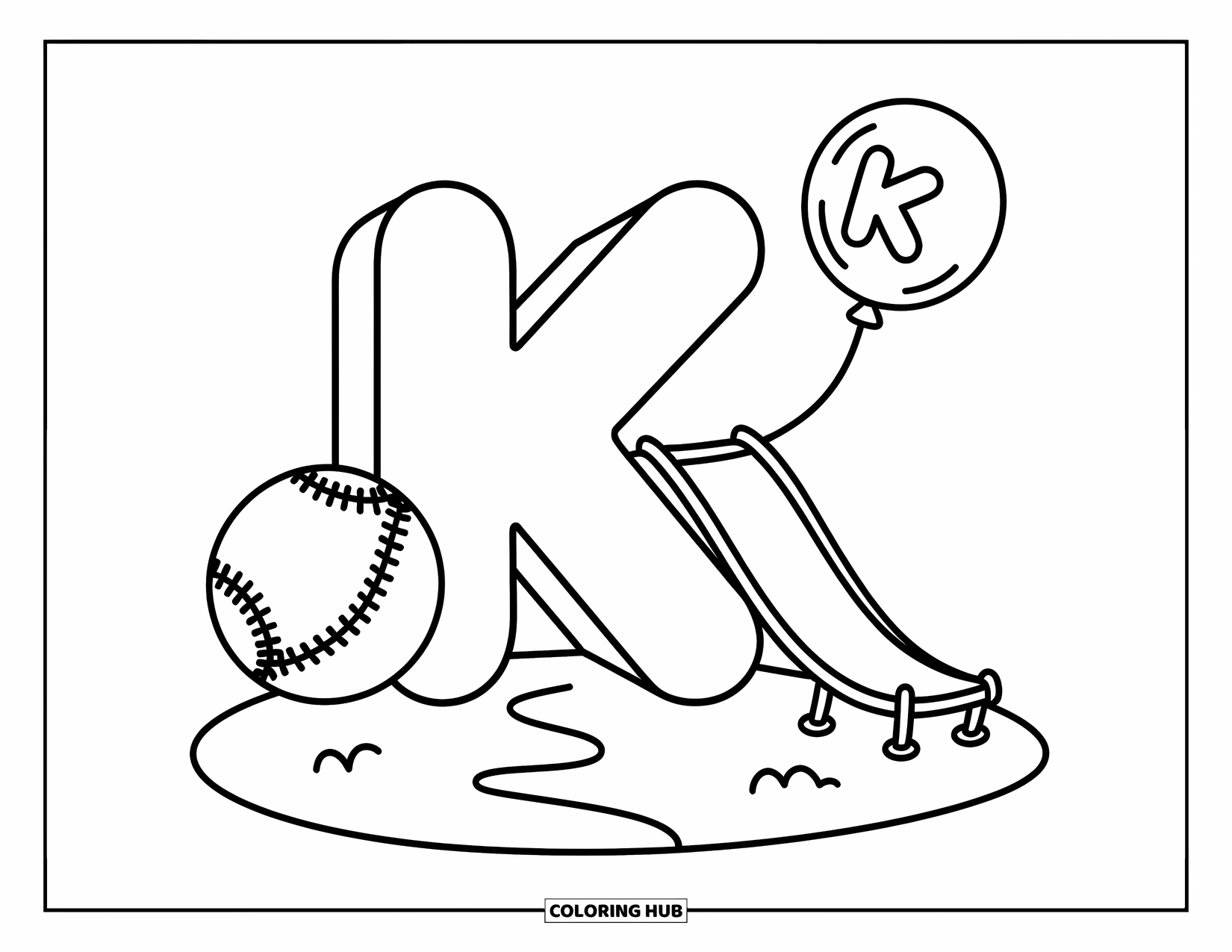 Letter K Coloring Page for Adults: K plays with a balloon and kickball in a cheerful mini playground