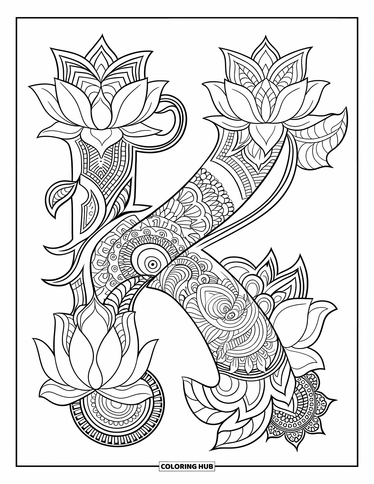Letter K Coloring Page for Adults: K rests at the center of a lotus flower mandala