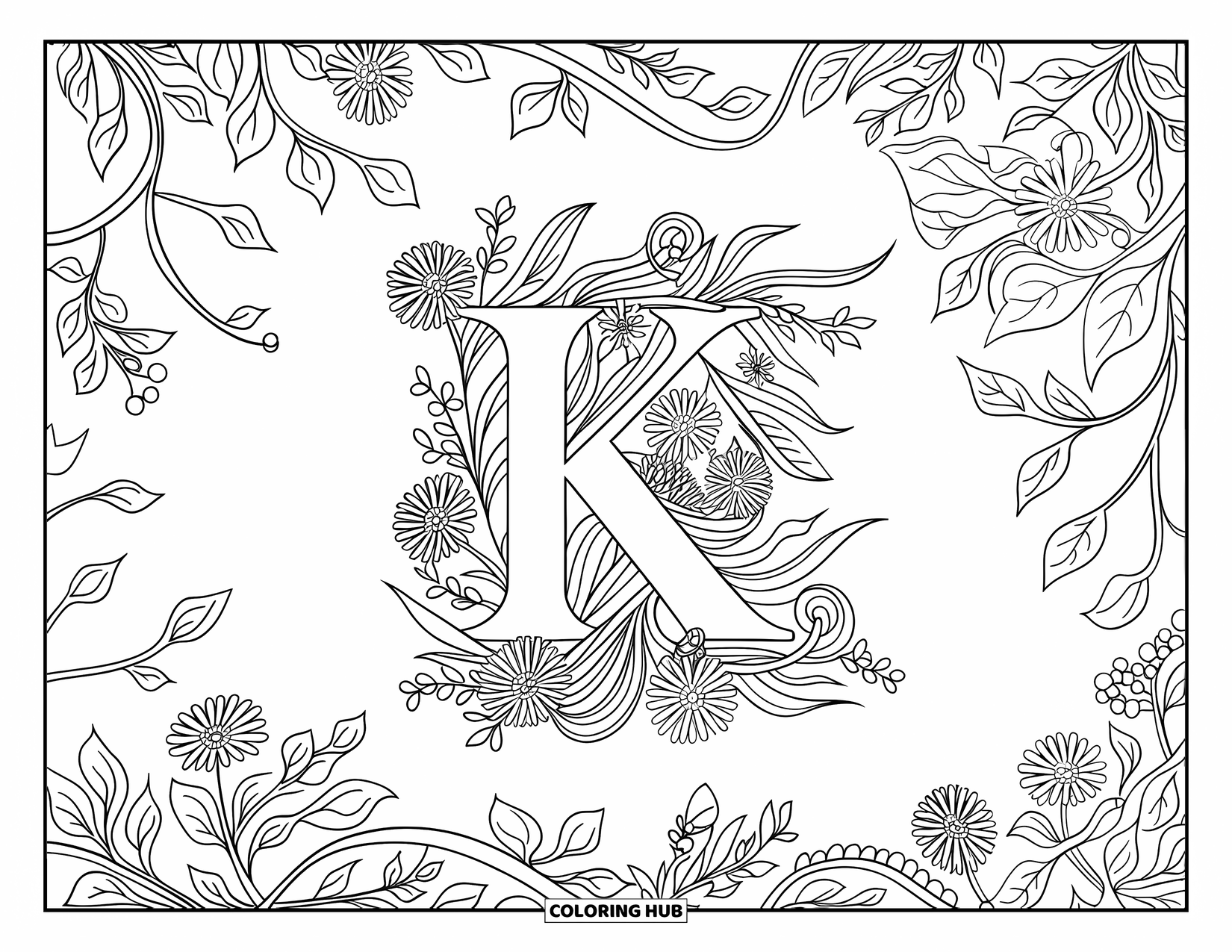 Letter K Coloring Page for Adults: K rests in a border of flowers, vines, and detailed leaves