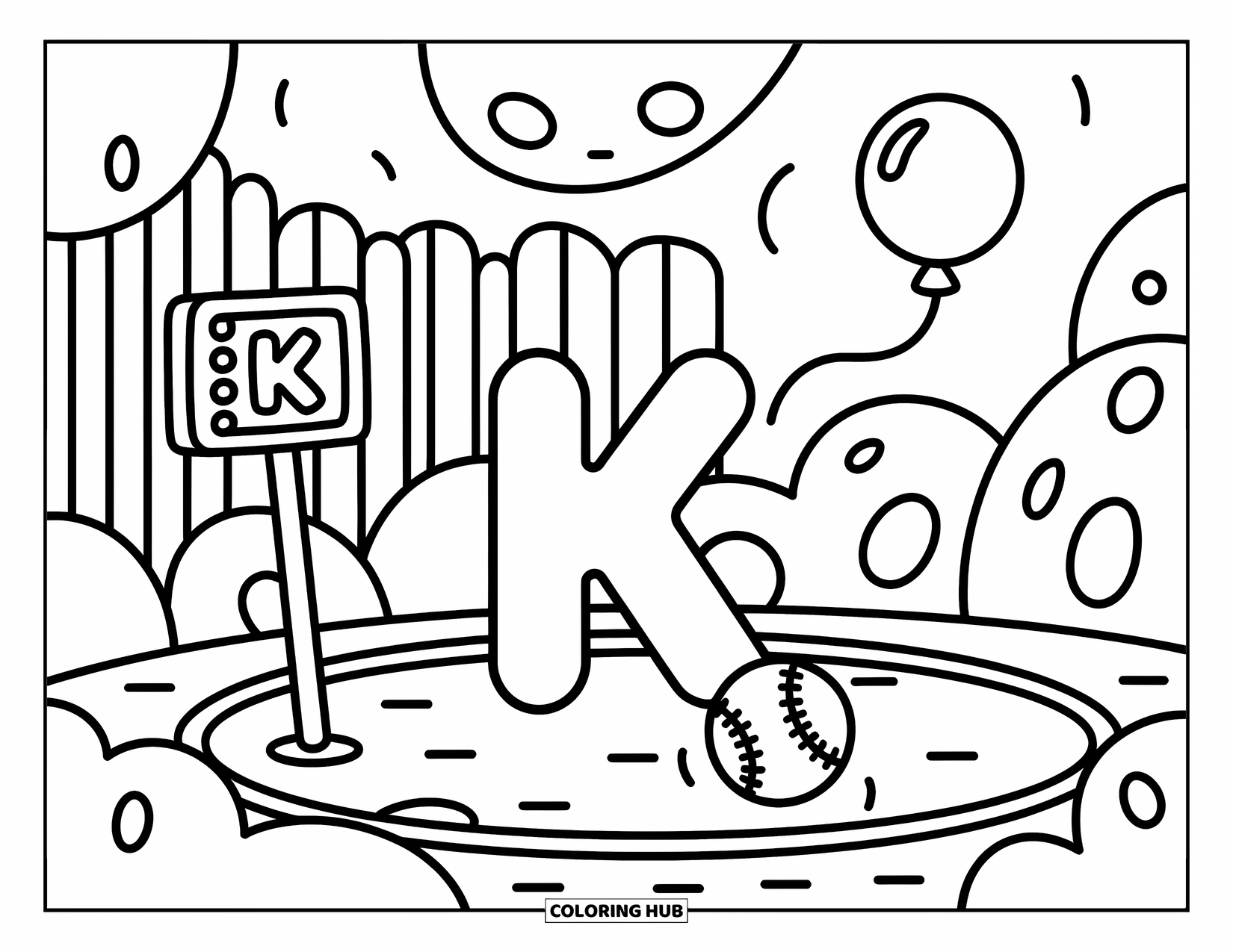 Letter K Coloring Page for Adults: K shines in a cozy playground with a balloon and a rolling kickball