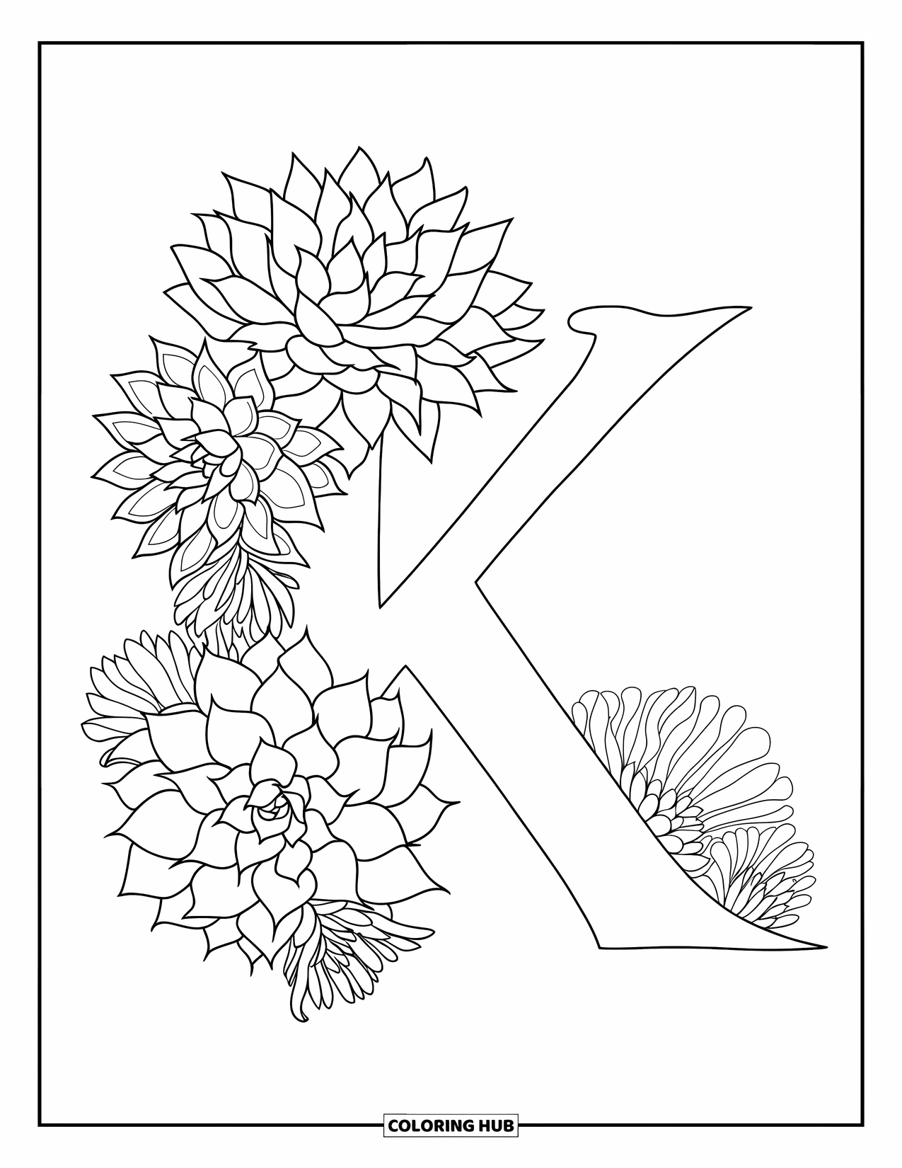Letter K Coloring Page for Adults: K sits among delicately patterned succulent leaves and shapes