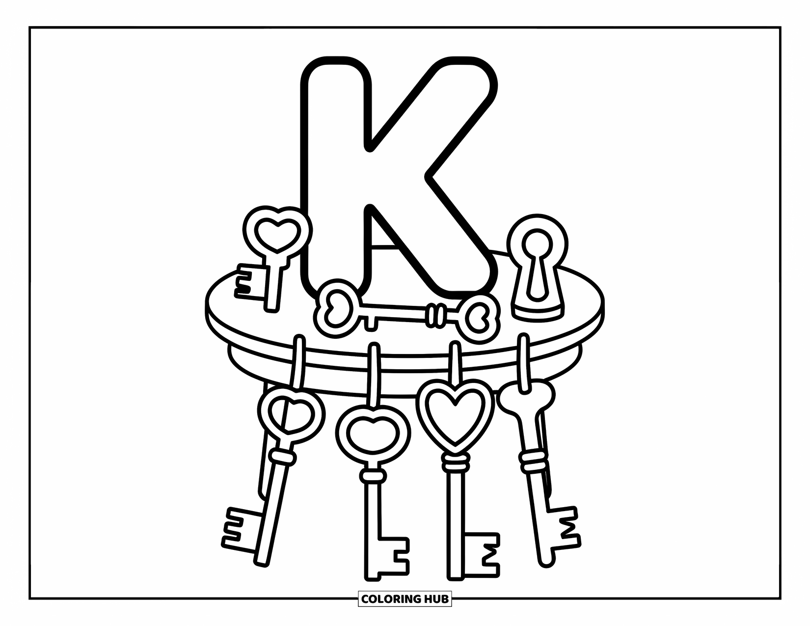Letter K Coloring Page for Adults: K sits on a table surrounded by vintage and heart-shaped keys