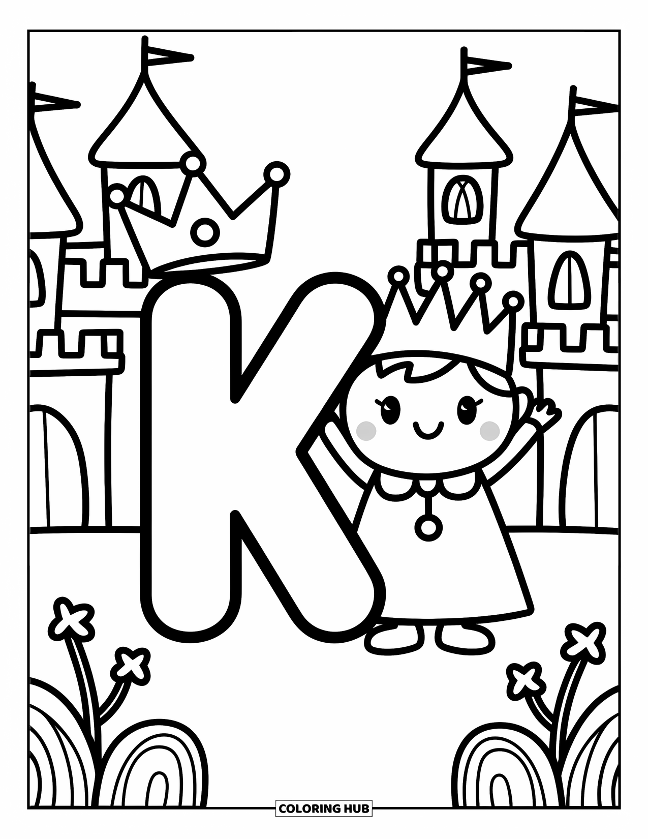 Letter K Coloring Page for Adults: K stands next to a waving king and a cozy fairytale castle