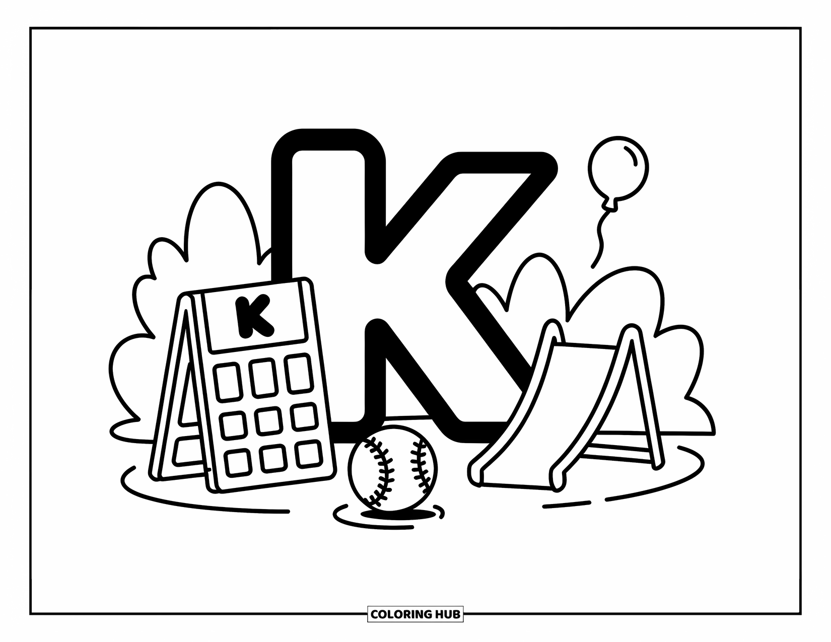 Letter K Coloring Page for Adults: K stands proudly in a mini playground with a kickball and floating balloon