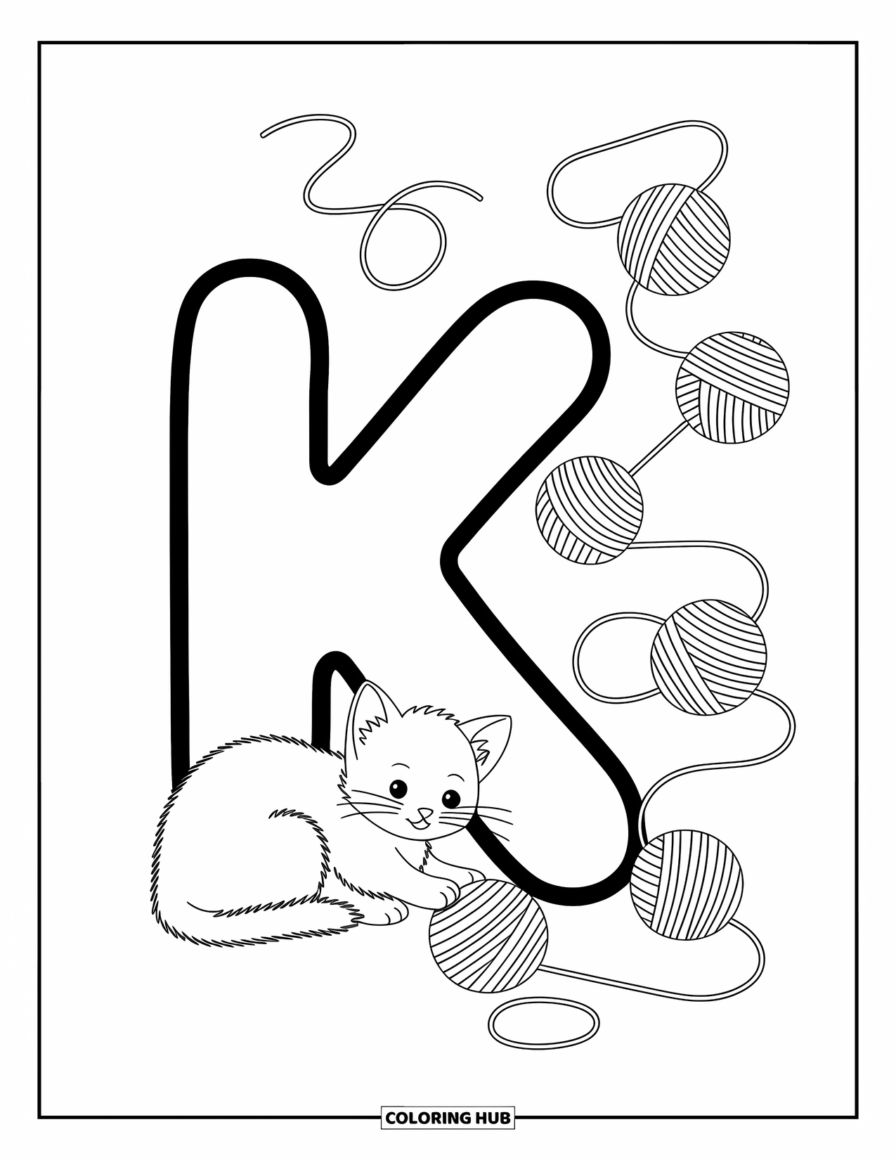 Letter K Coloring Page for Adults: Kitten plays under the letter K, surrounded by scattered yarn rolls