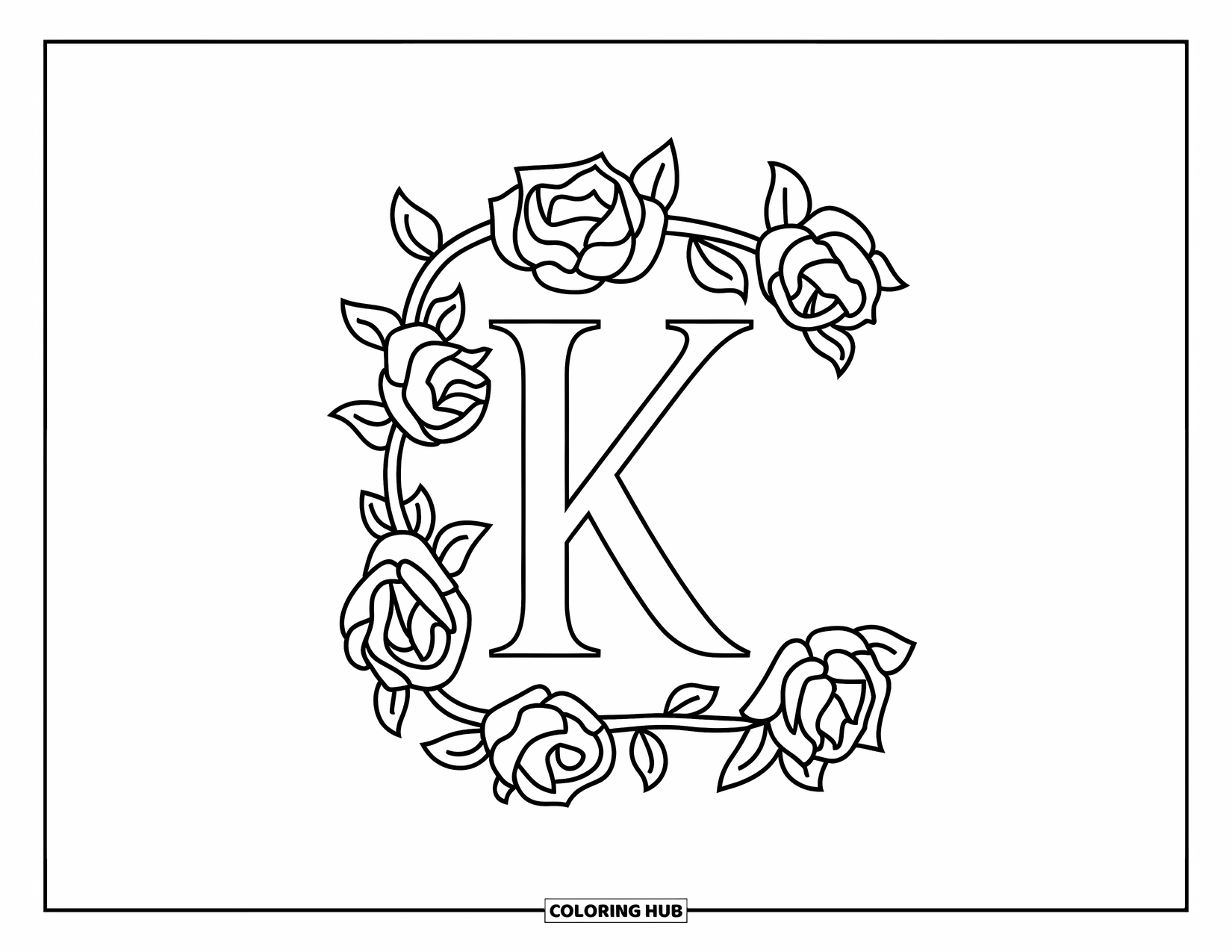 Letter K Coloring Page for Adults: Rose and ivy vines wrap tightly around a bold letter K