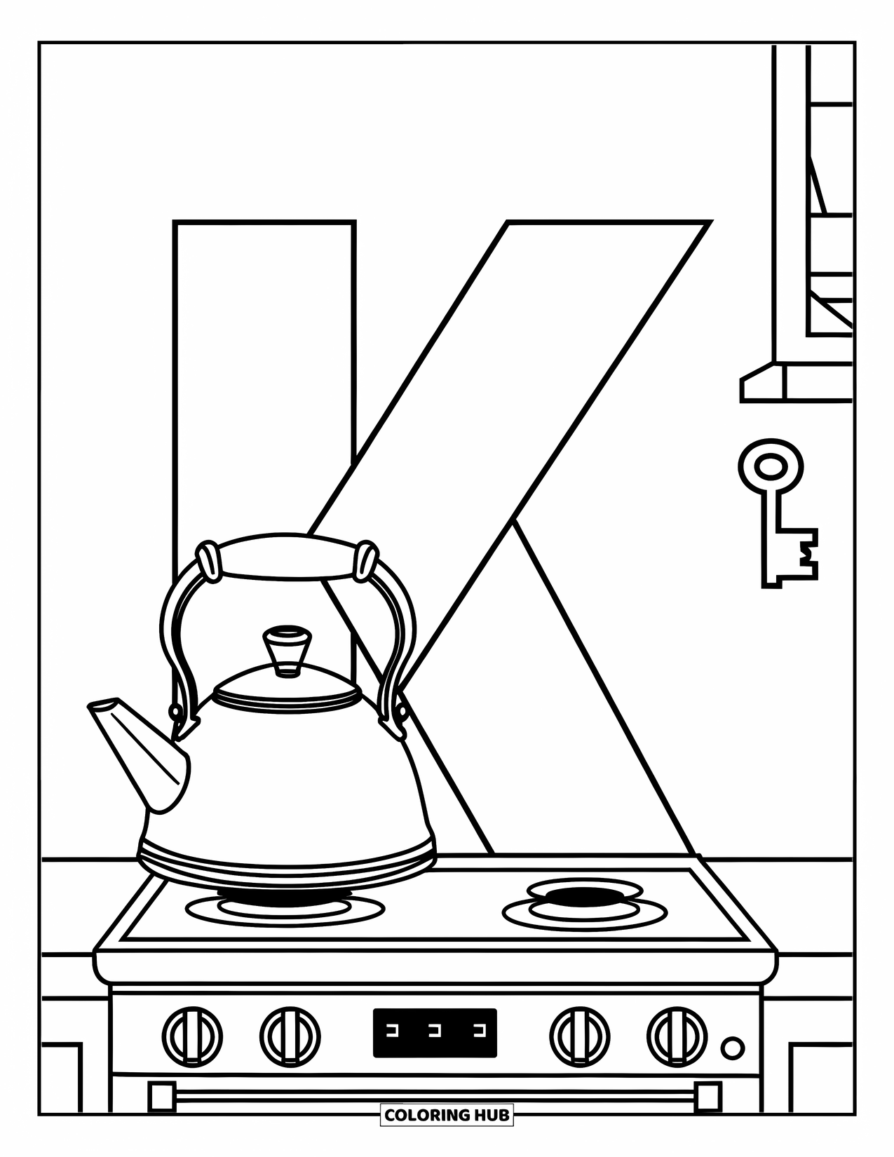 Letter K Coloring Page for Kids: A giant K sits beside a kettle, shelf, and key in a kitchen scene