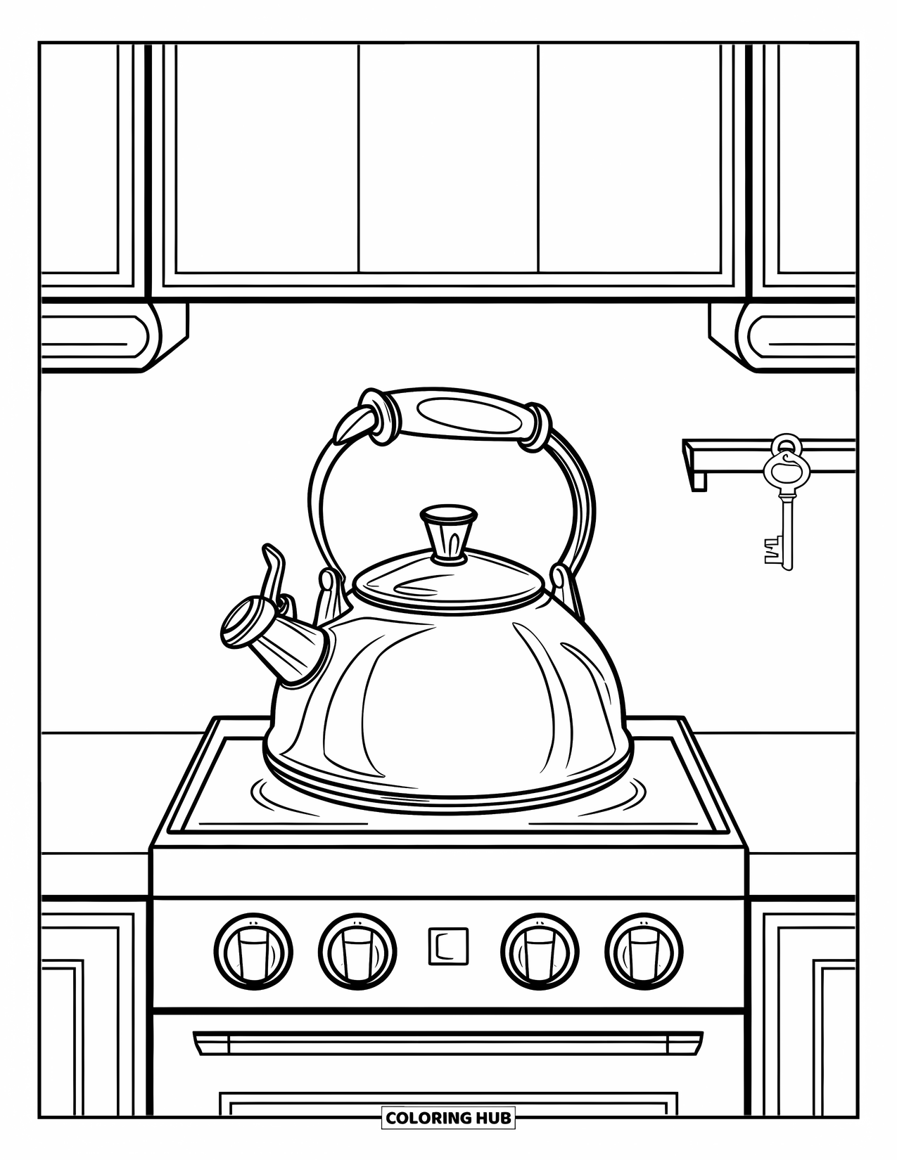 Letter K Coloring Page for Kids: A kitchen kettle and key complete the letter K design