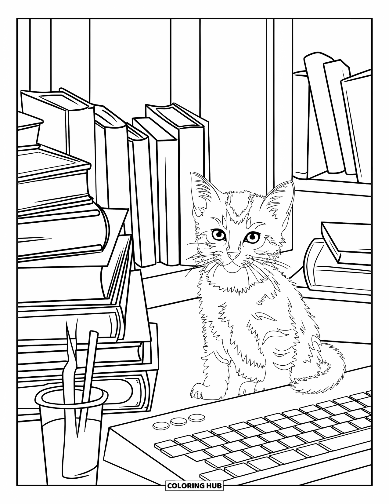 Letter K Coloring Page for Kids: A kitten sits on a keyboard in a cozy reading corner