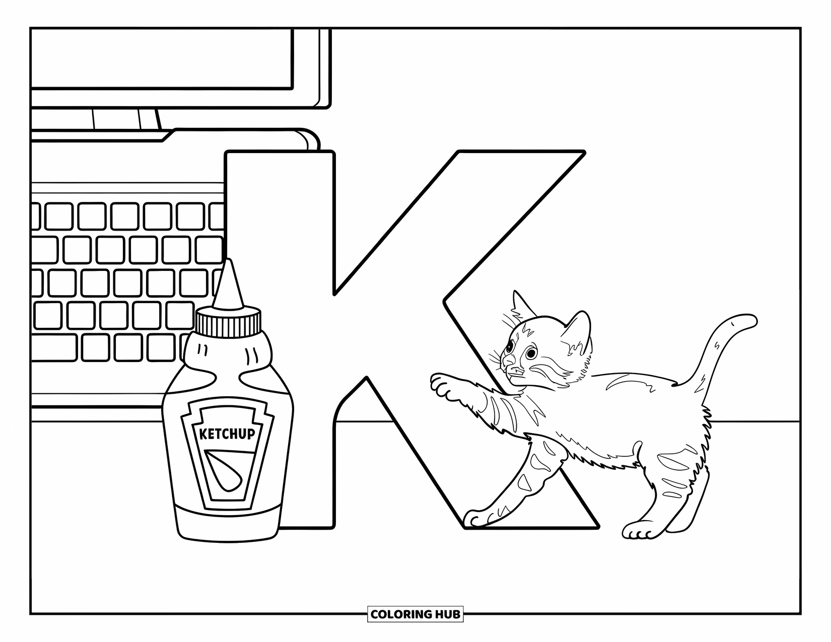 Letter K Coloring Page for Kids: A kitten stretches for ketchup and a keyboard near the big letter K