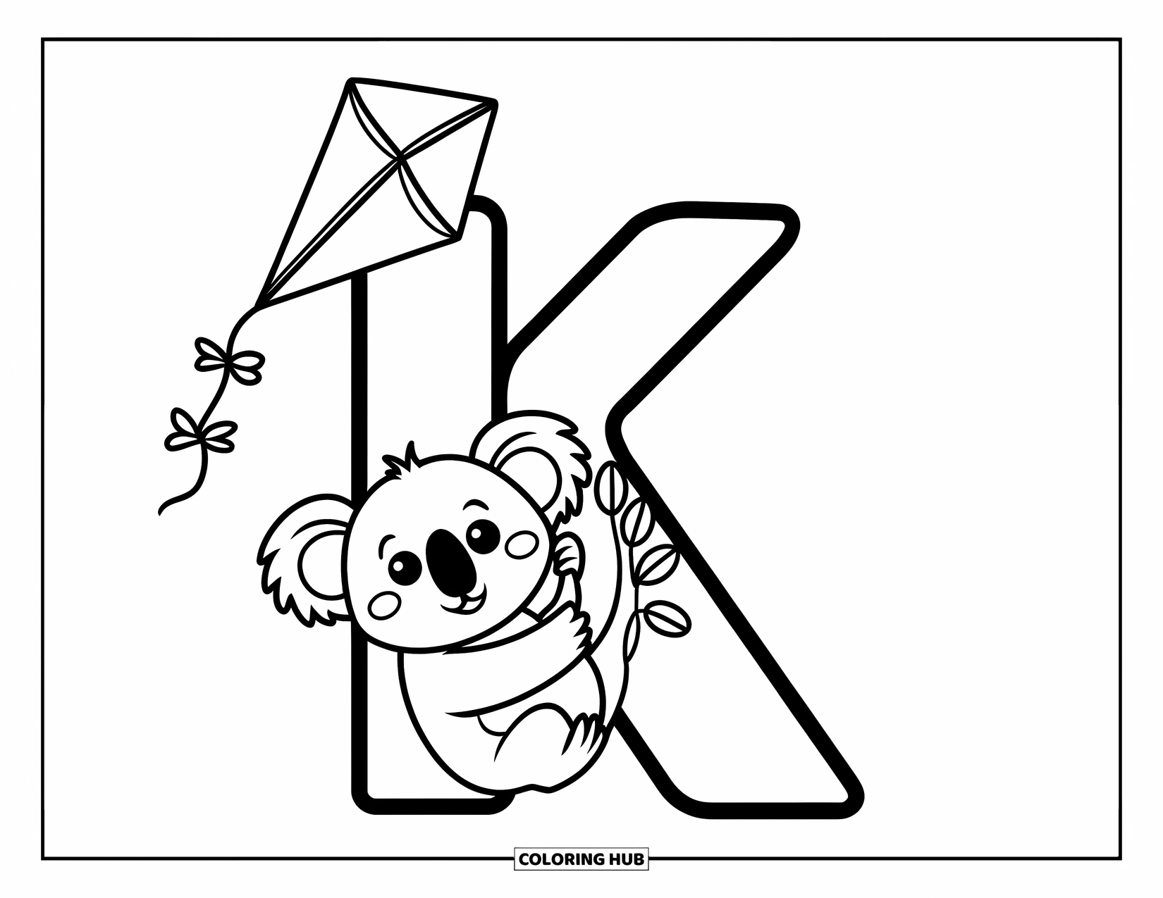 Letter K Coloring Page for Kids: A koala hangs upside down while a kite floats above the letter K