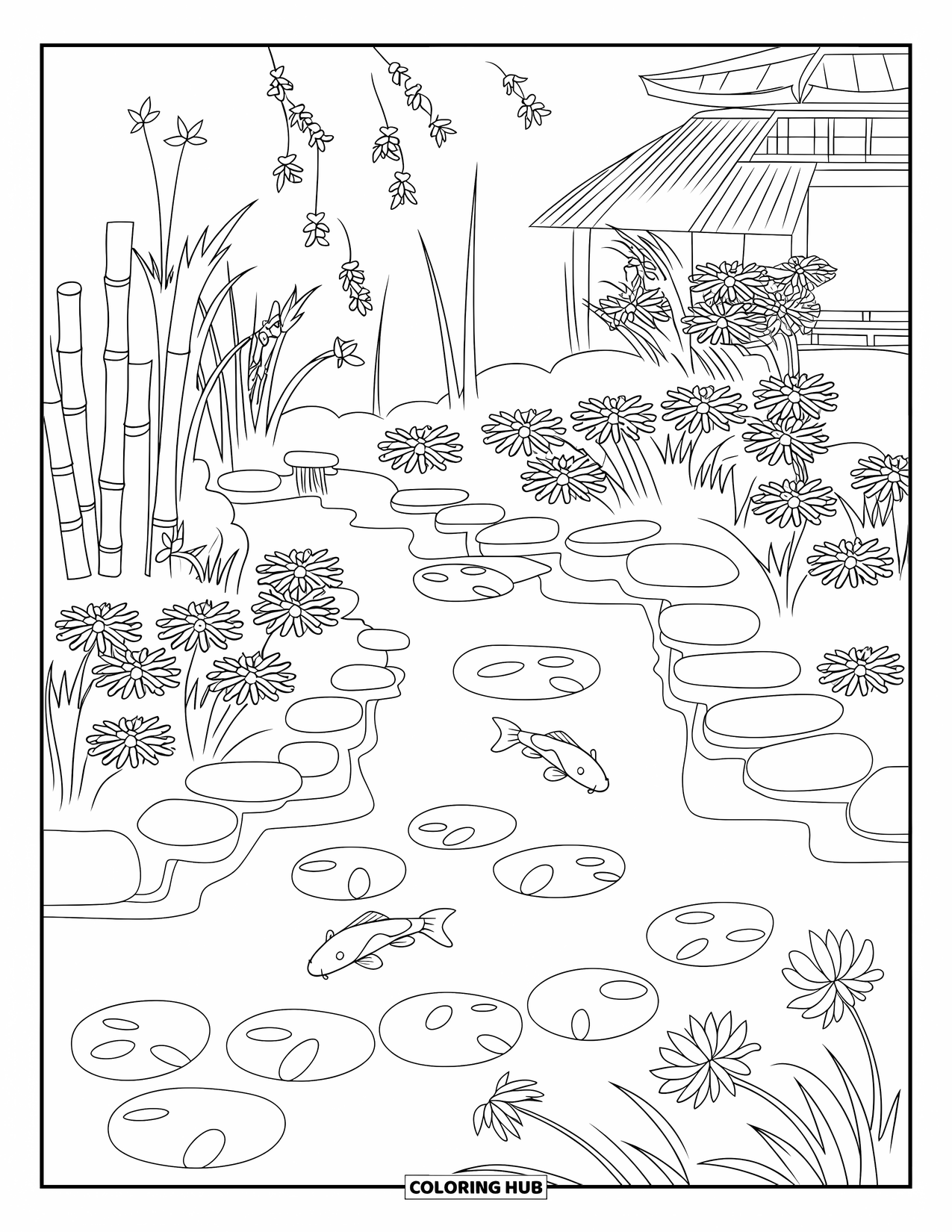Letter K Coloring Page for Kids: A koi pond garden with floating lilies and a traditional pagoda nearby