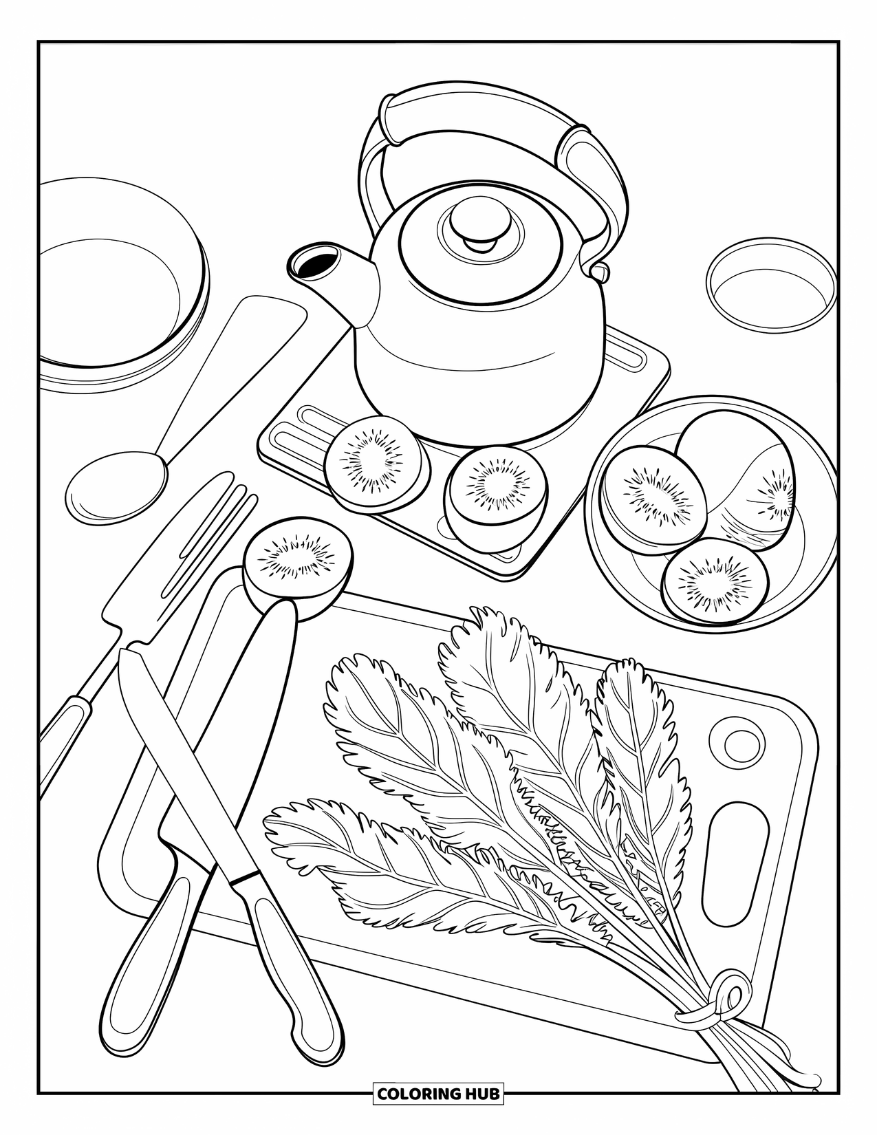 Letter K Coloring Page for Kids: A modern kitchen scene with kale, kiwi, and a kettle on the counter