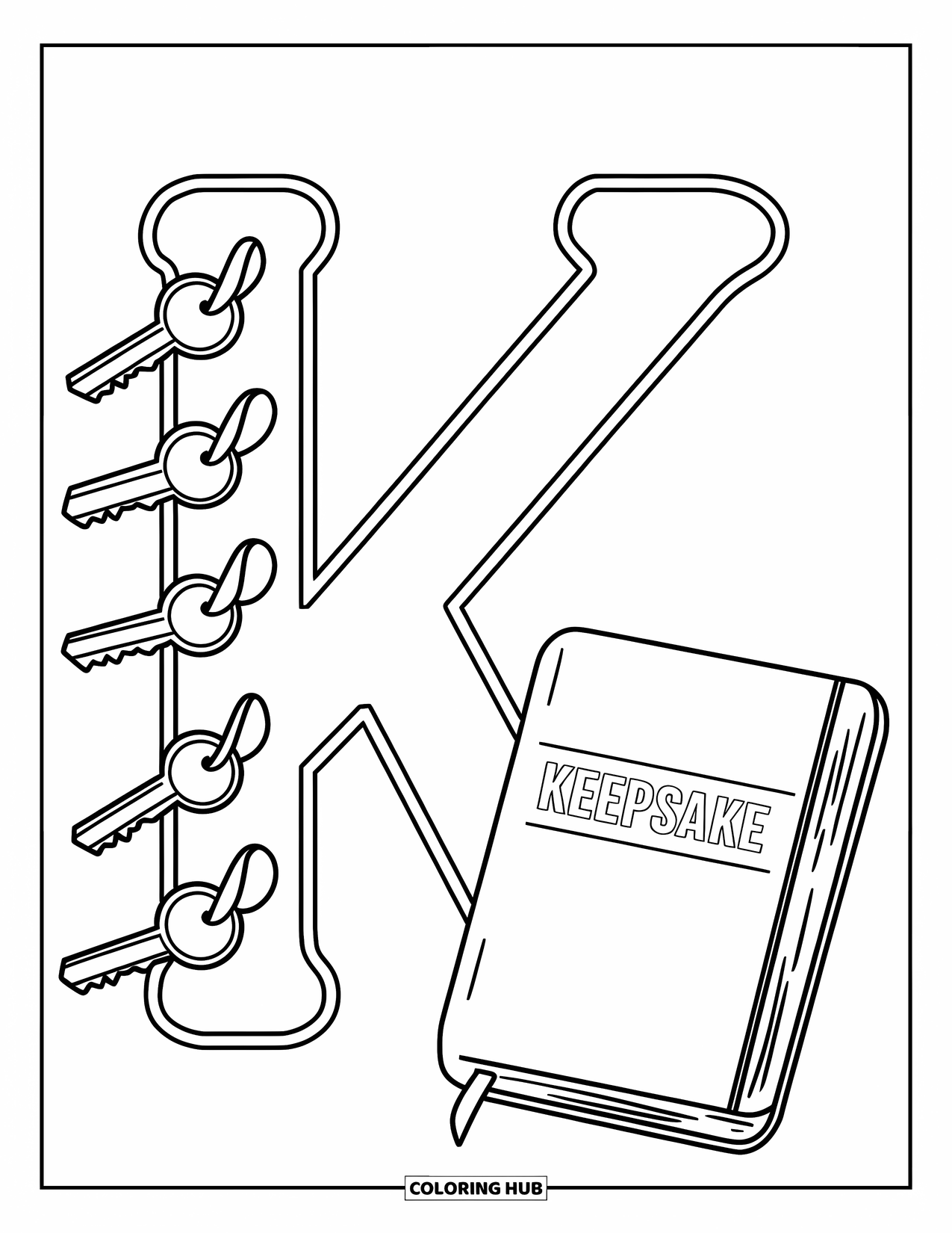 Letter K Coloring Page for Kids: A notebook and keys surround the bold letter K