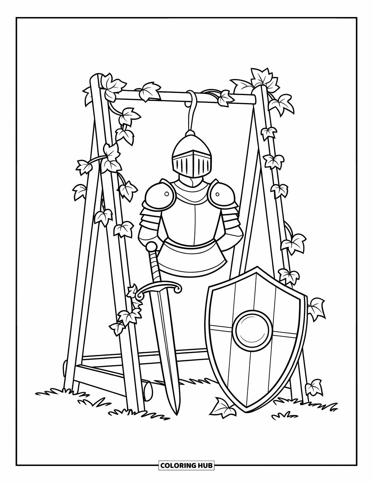 Letter K Coloring Page for Kids: Armor pieces hang on a rack with ivy wrapping around sword and shield