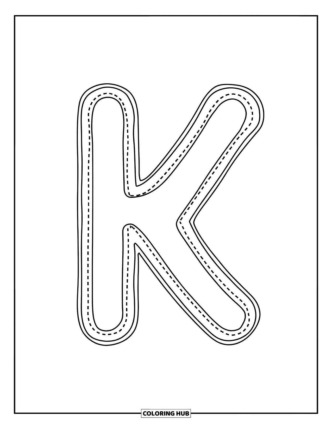 Letter K Coloring Page for Kids: Dotted lowercase k is perfect for learning and tracing