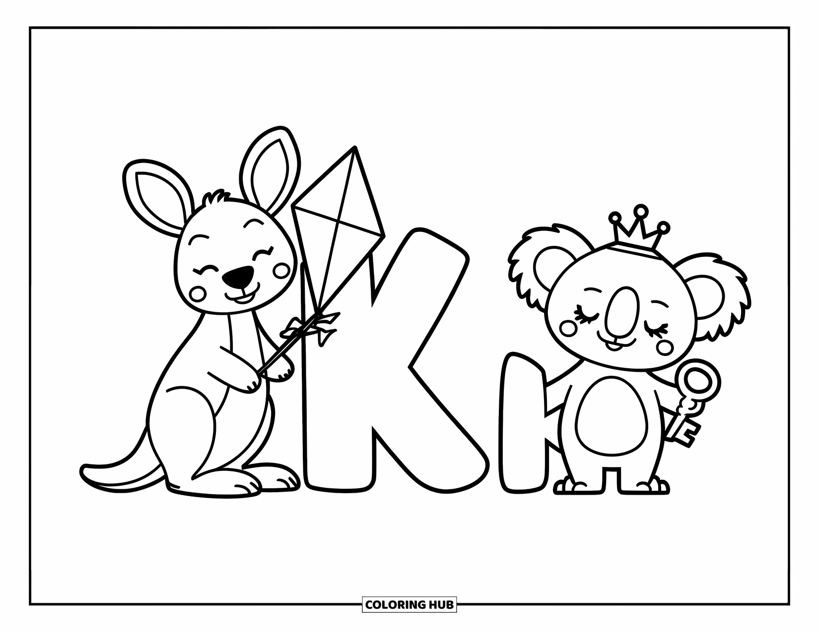 Letter K Coloring Page for Kids: Kangaroo and koala show off their kite and key beside big and little K