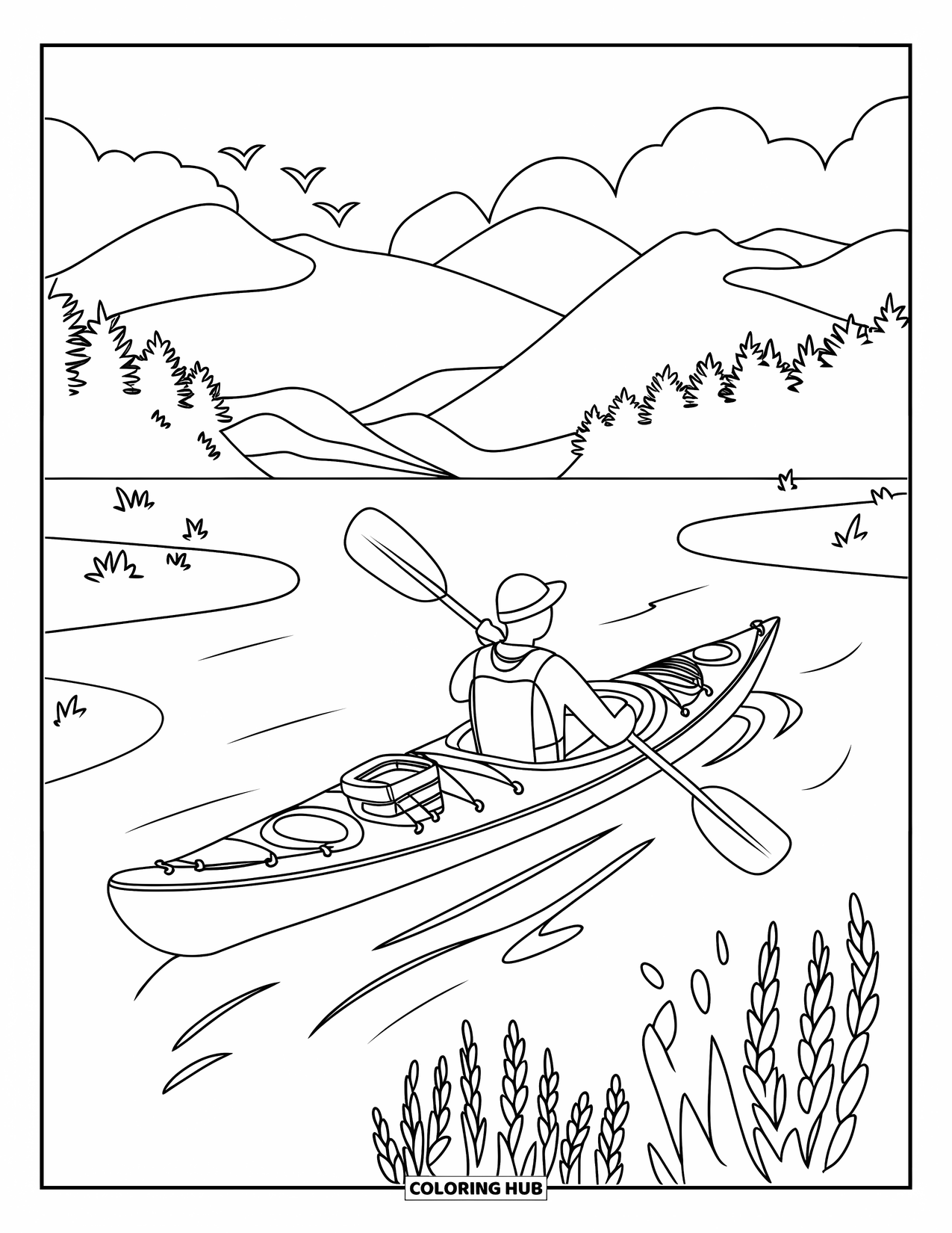Letter K Coloring Page for Kids: Kayaking gear and birds complete a peaceful lakeside adventure
