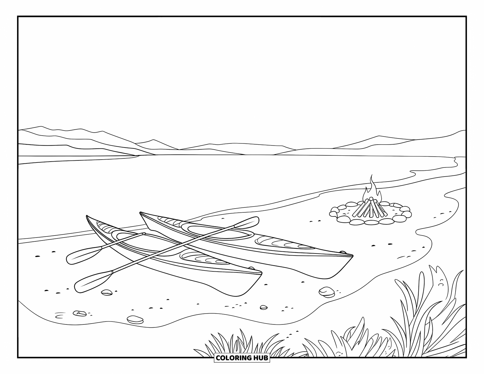 Letter K Coloring Page for Kids: Kayaks and a fire pit sit on a quiet beach with mountain views