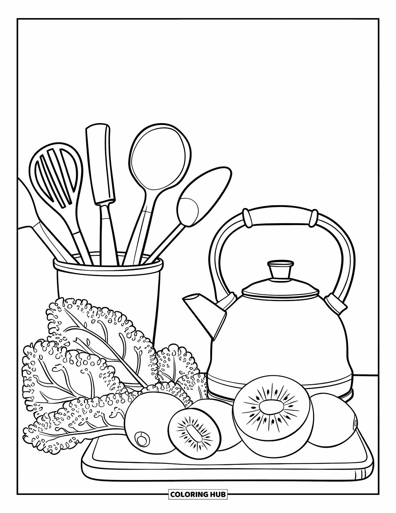 Letter K Coloring Page for Kids: Kitchen tools, kale, a kettle, and kiwi slices sit neatly on a board